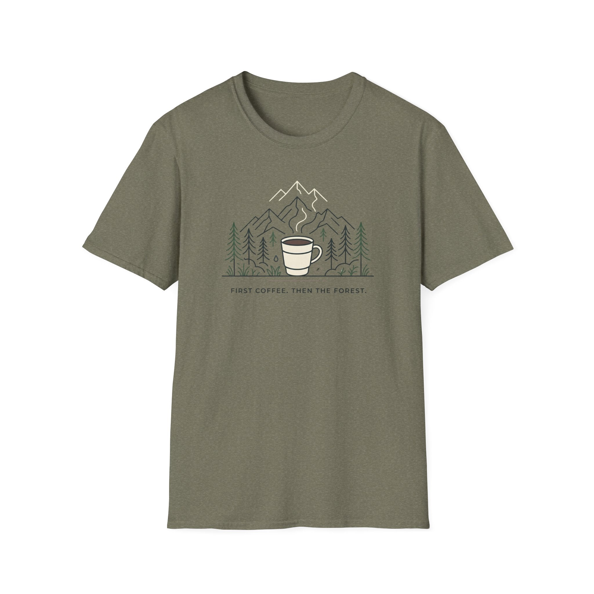 Coffee Cup in Pines T-Shirt | mountain camp mug, minimalist outdoors design