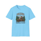 Sasquatch Hide & Seek Champion T-Shirt | Powered by Coffee, Bigfoot Design