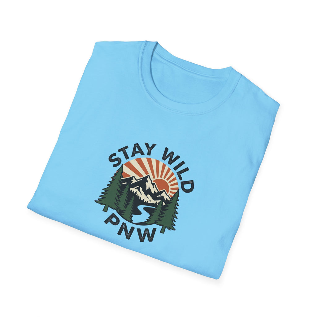 Stay Wild PNW T-Shirt | Mountain Sunset, Pine Trees, River Road