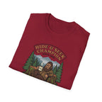 Sasquatch Hide & Seek Champion T-Shirt | Powered by Coffee, Bigfoot Design