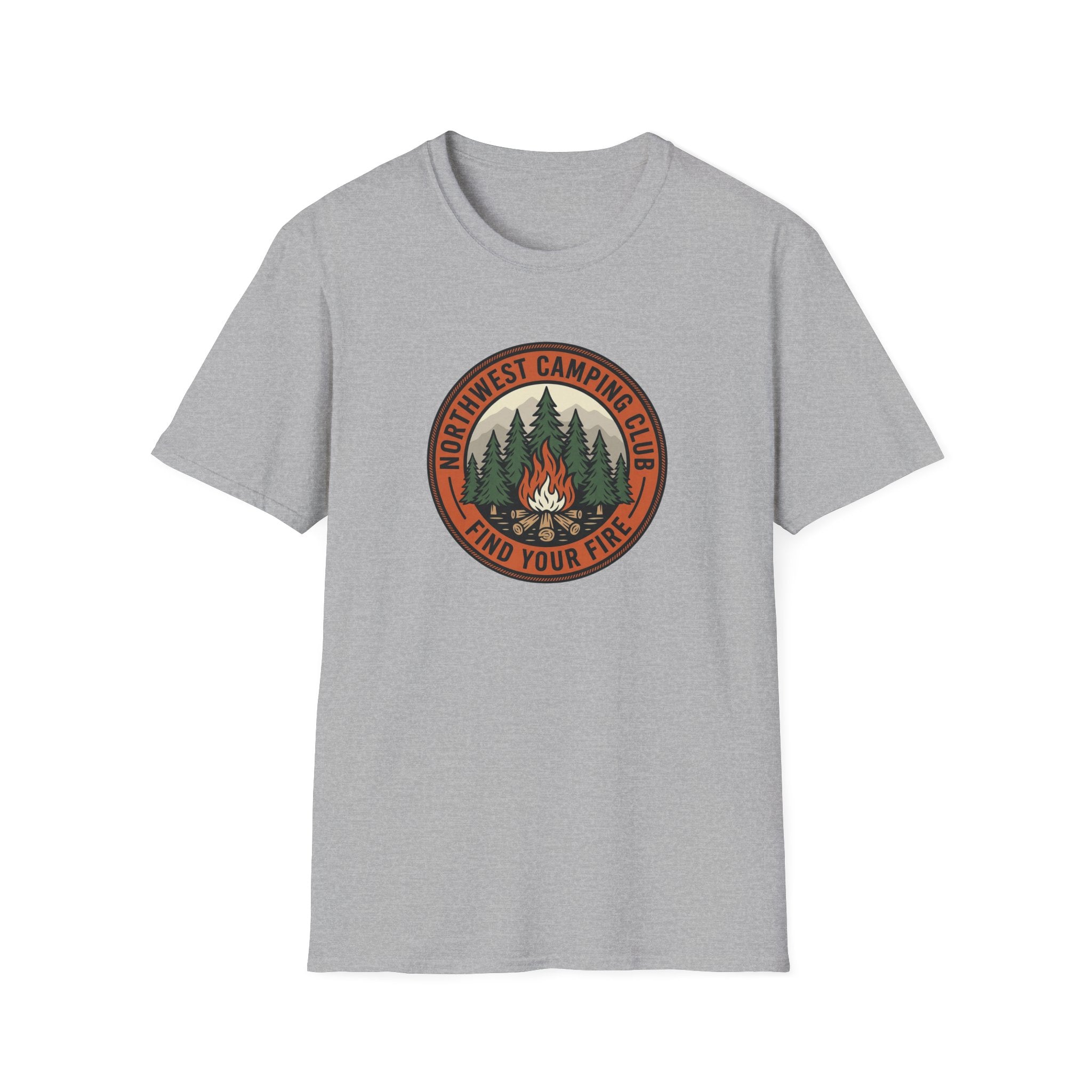 Northwest Camping Club Find Your Fire T-Shirt | Campfire Trees Outdoor Badge Shirt