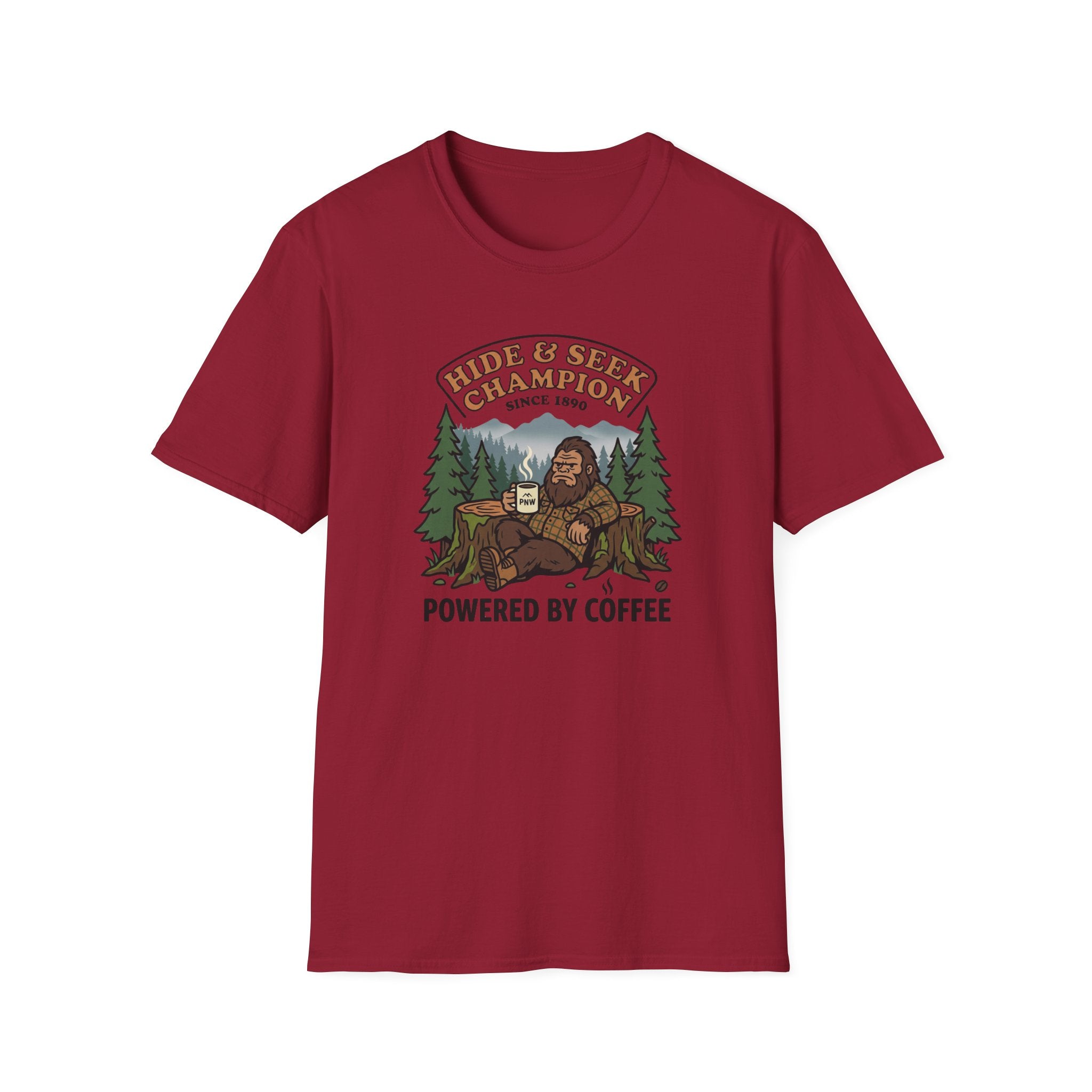 Sasquatch Hide & Seek Champion T-Shirt | Powered by Coffee, Bigfoot Design