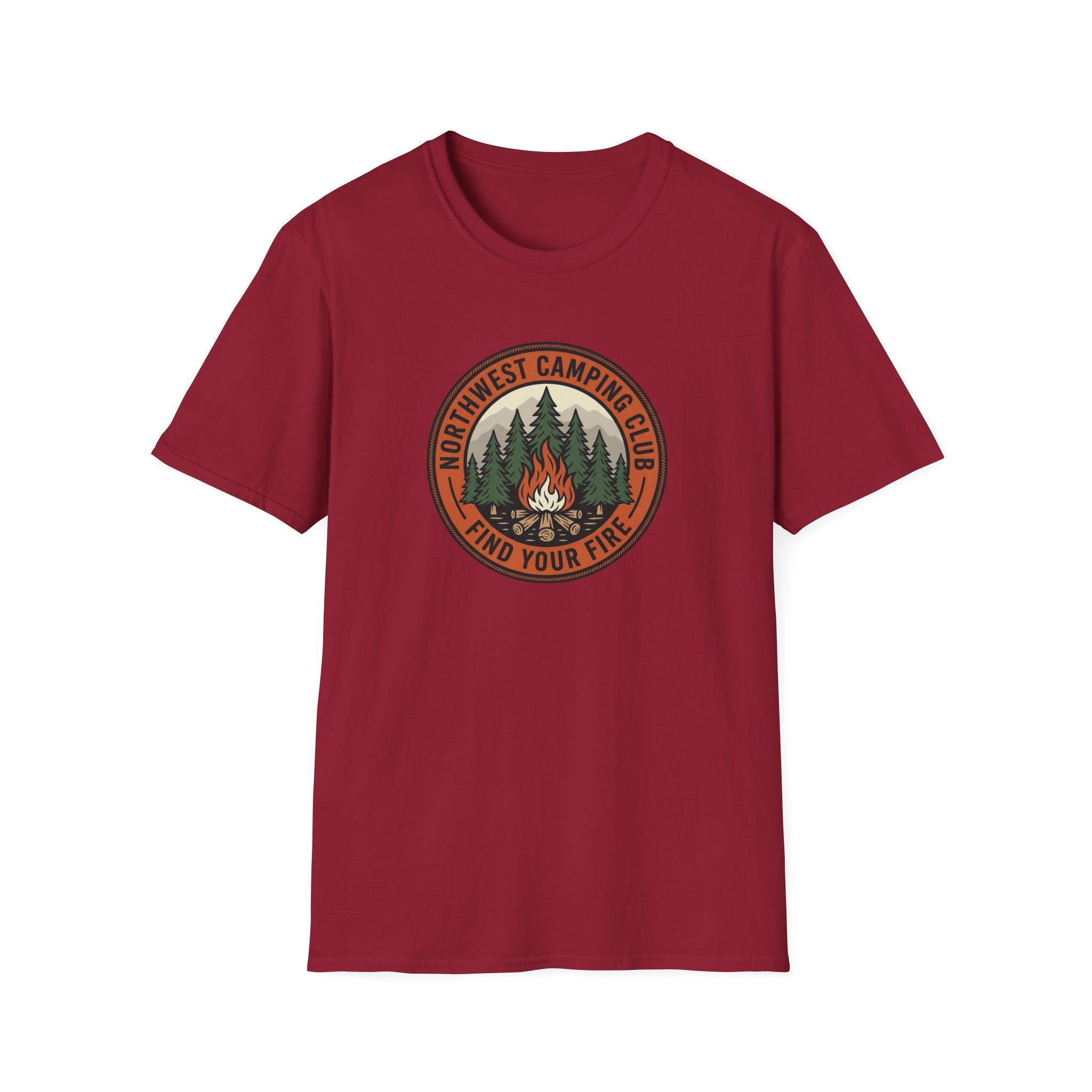 Northwest Camping Club Find Your Fire T-Shirt | Campfire Trees Outdoor Badge Shirt