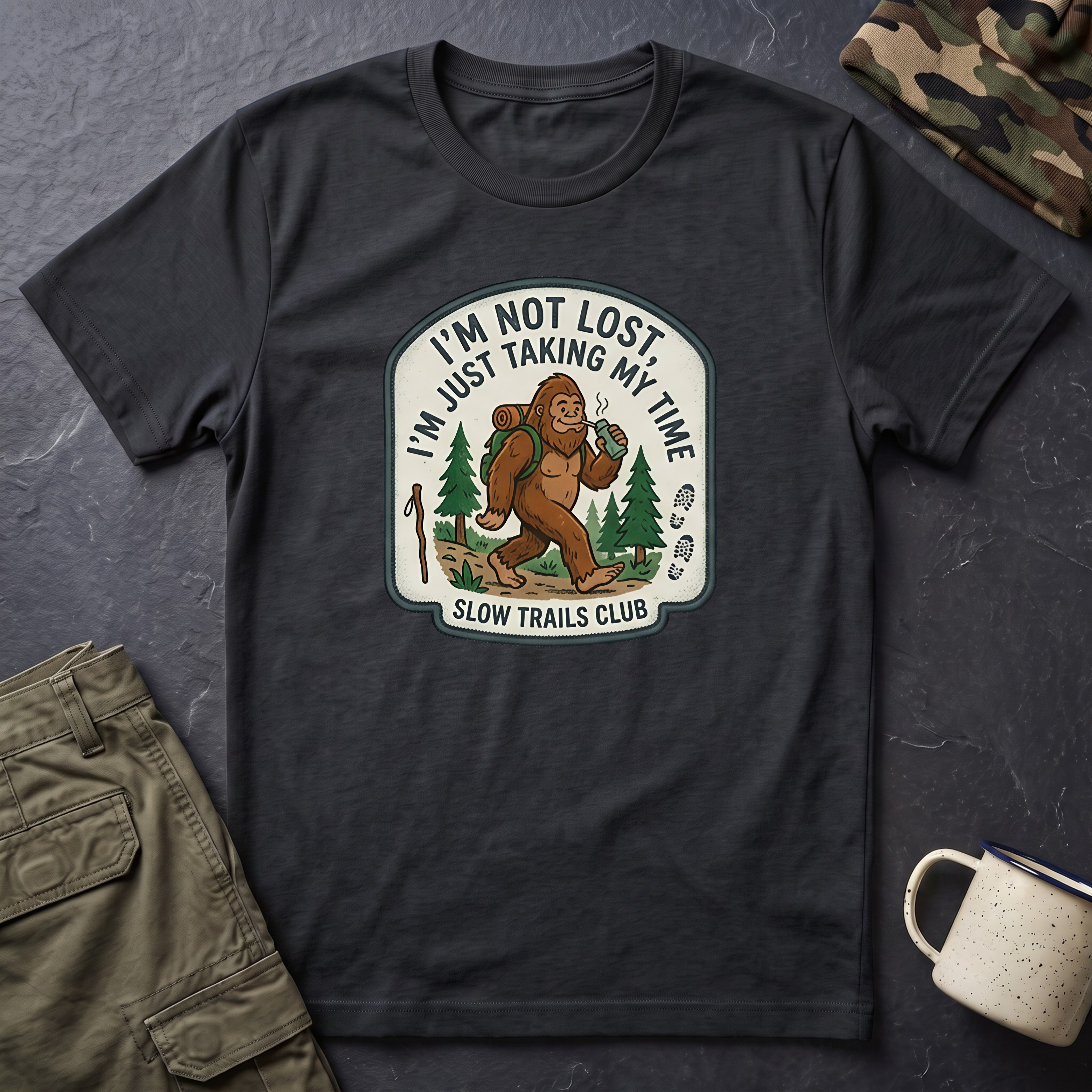 I'm Not Lost I'm Just Taking My Time Sasquatch T-Shirt | Slow Trails Club, Hiking Graphic