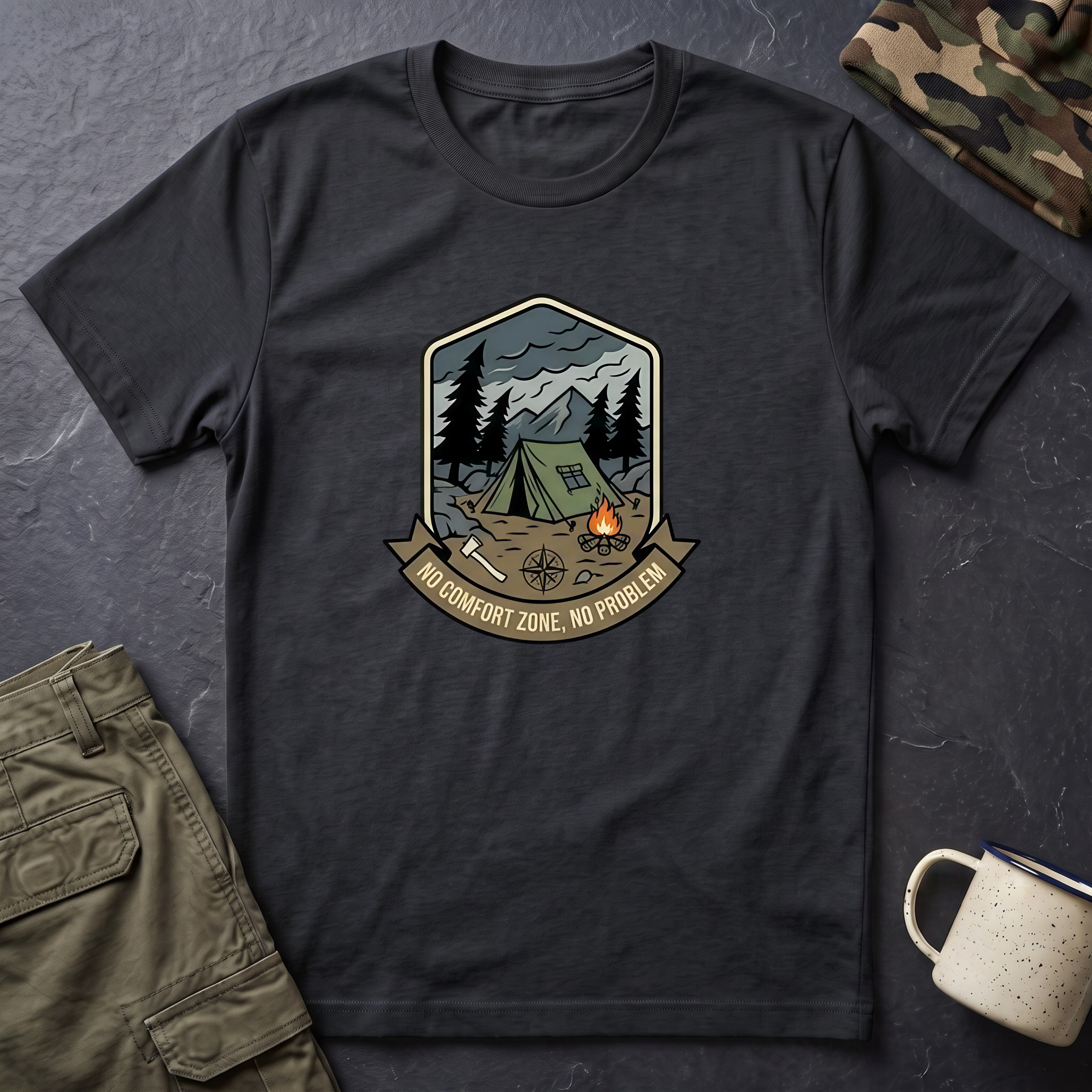 Camping Badge tent and campfire graphic T-Shirt | outdoors hiking adventure emblem