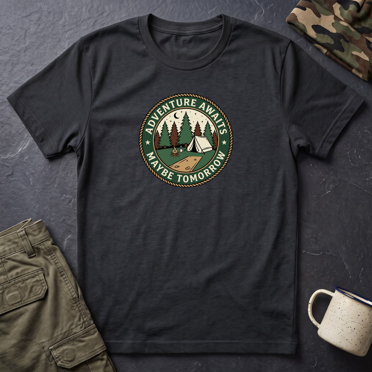 Adventure Awaits Maybe Tomorrow T-Shirt | Camping Patch Graphic