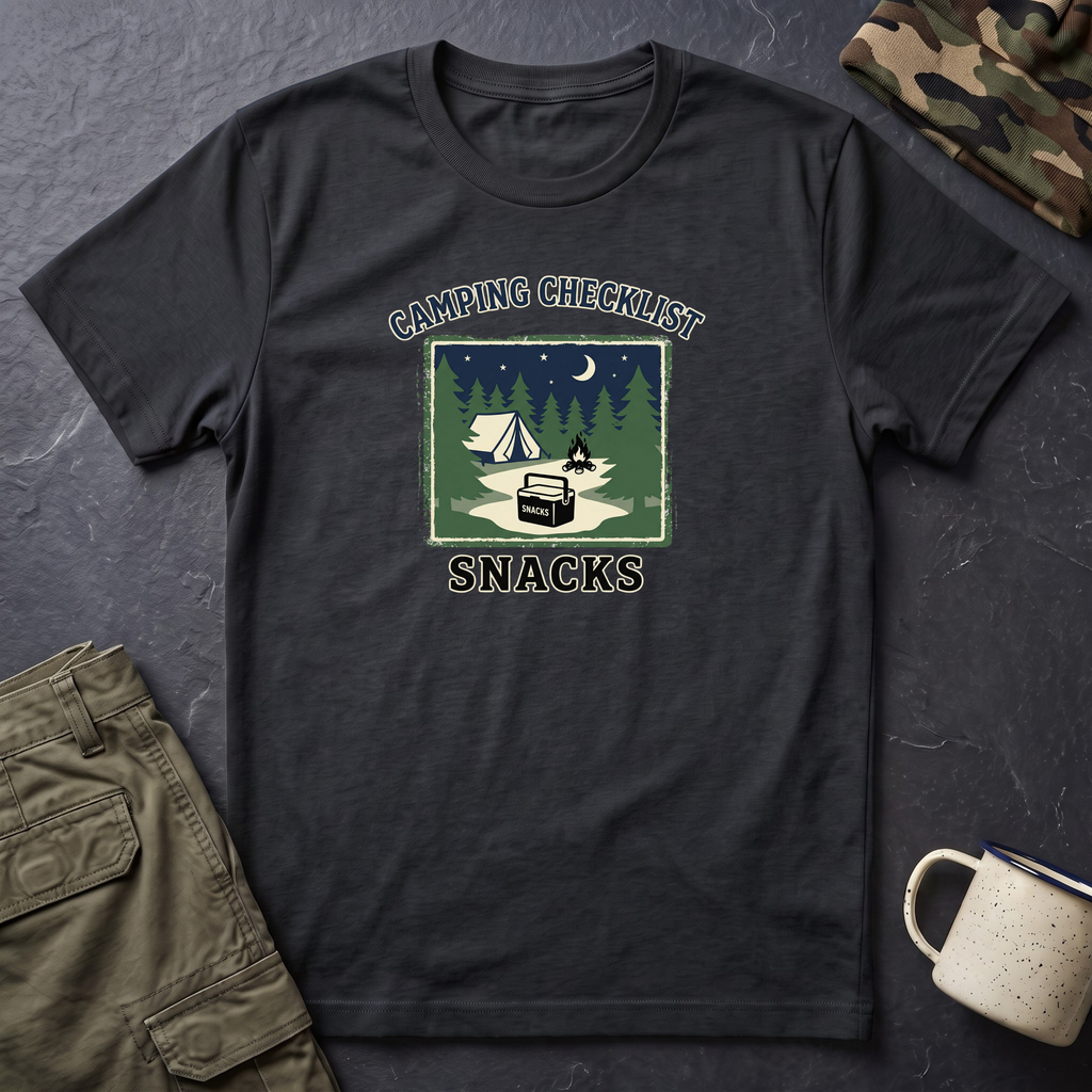 Camping Checklist Snacks T-Shirt | Camping Graphic Tee, Tent Campfire Design