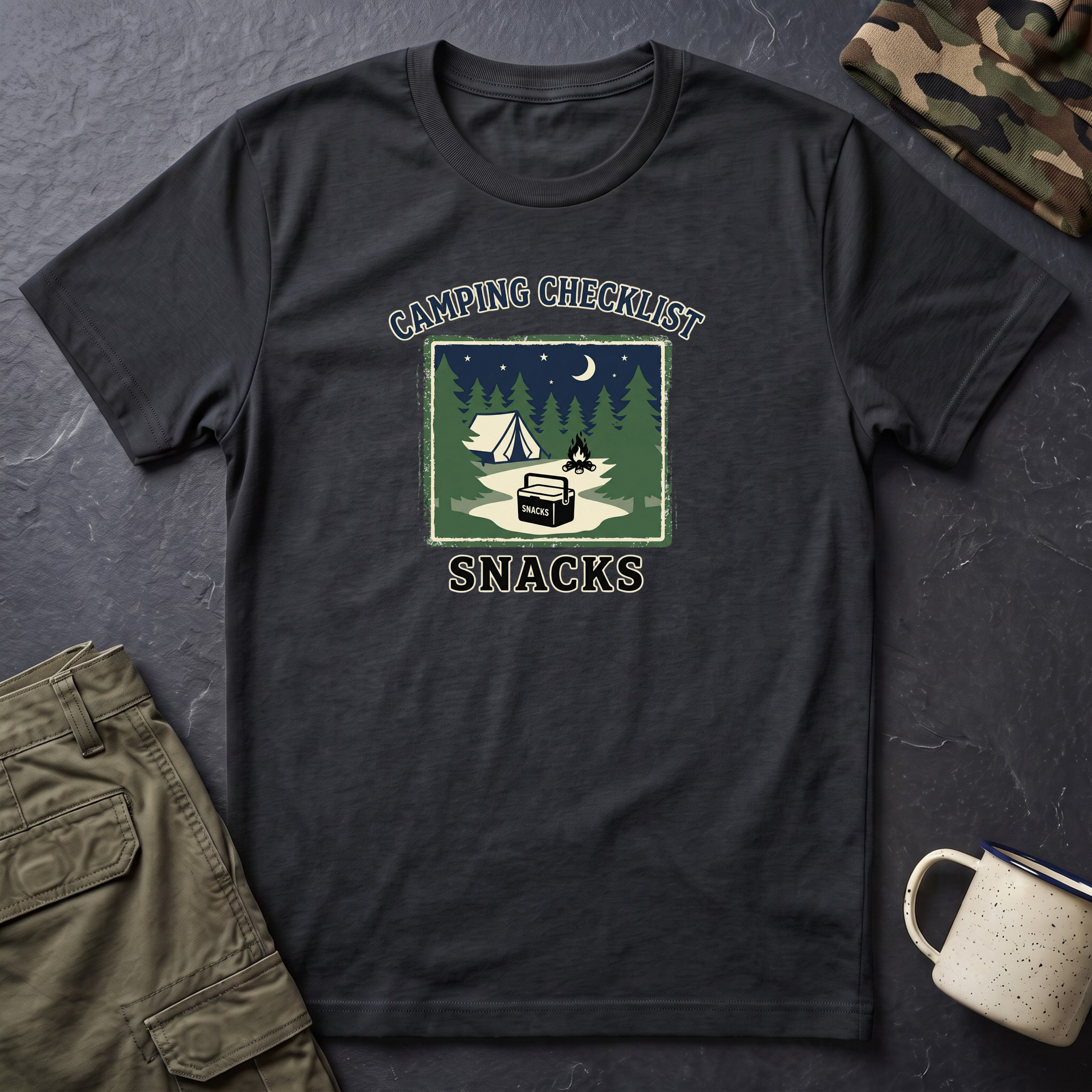 Camping Checklist Snacks T-Shirt | Camping Graphic Tee, Tent Campfire Design