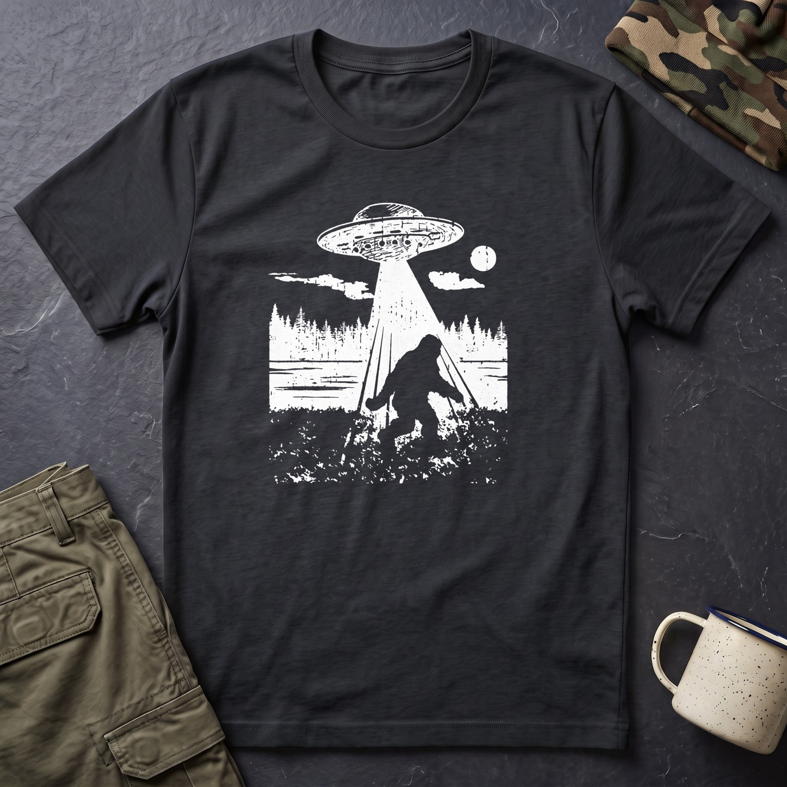 Alien Abduction T-Shirt — Bigfoot UFO Woodland Graphic Tee