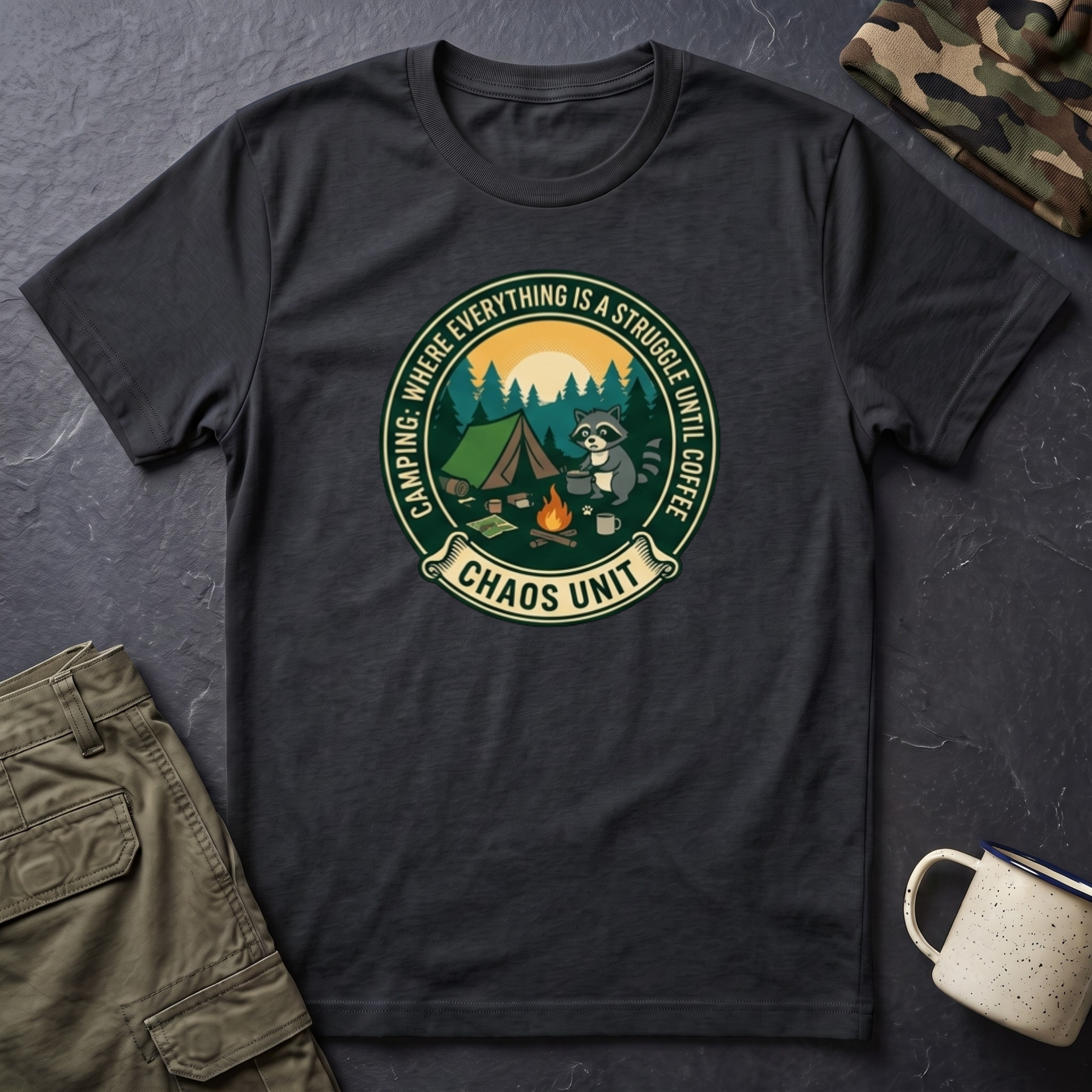 Camping Coffee Bear Chaos Unit T-Shirt | Campfire Woods Graphic