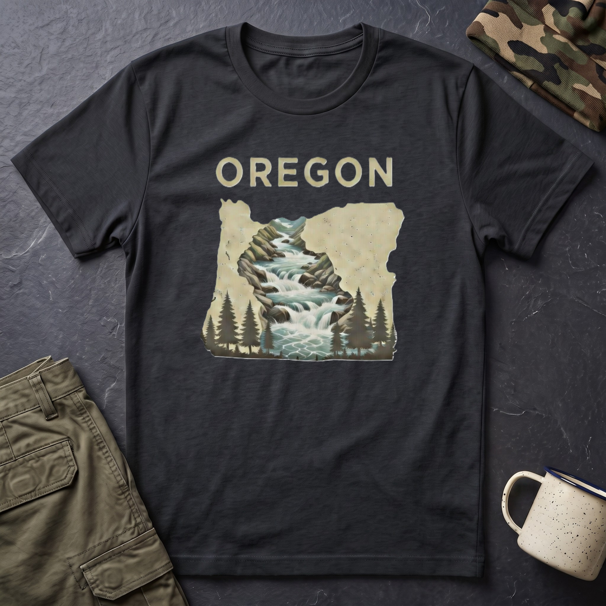 Oregon waterfall state map T-Shirt | River, Pines, Nature
