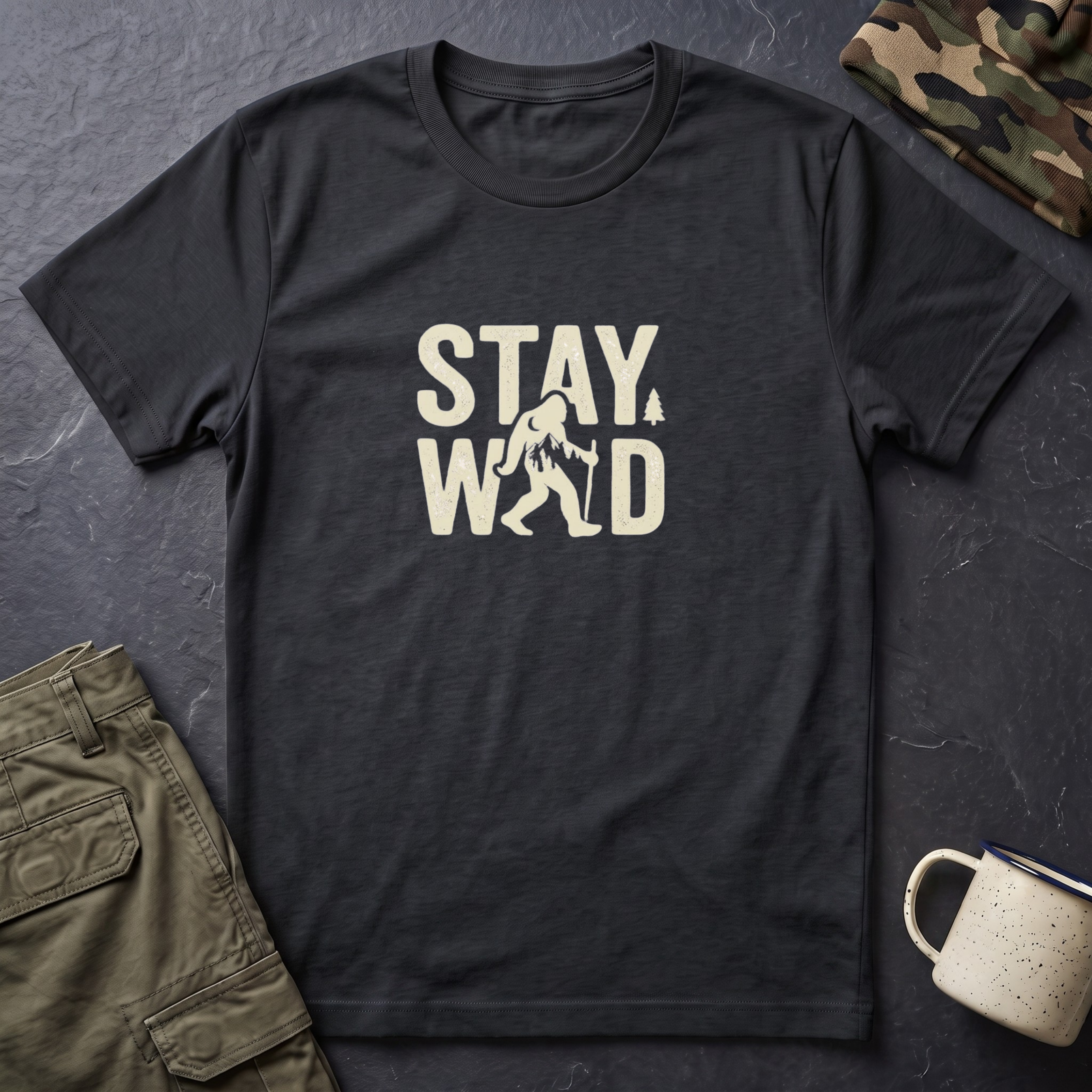 Stay Wild Bigfoot T-Shirt | Sasquatch Retro Typography Tee