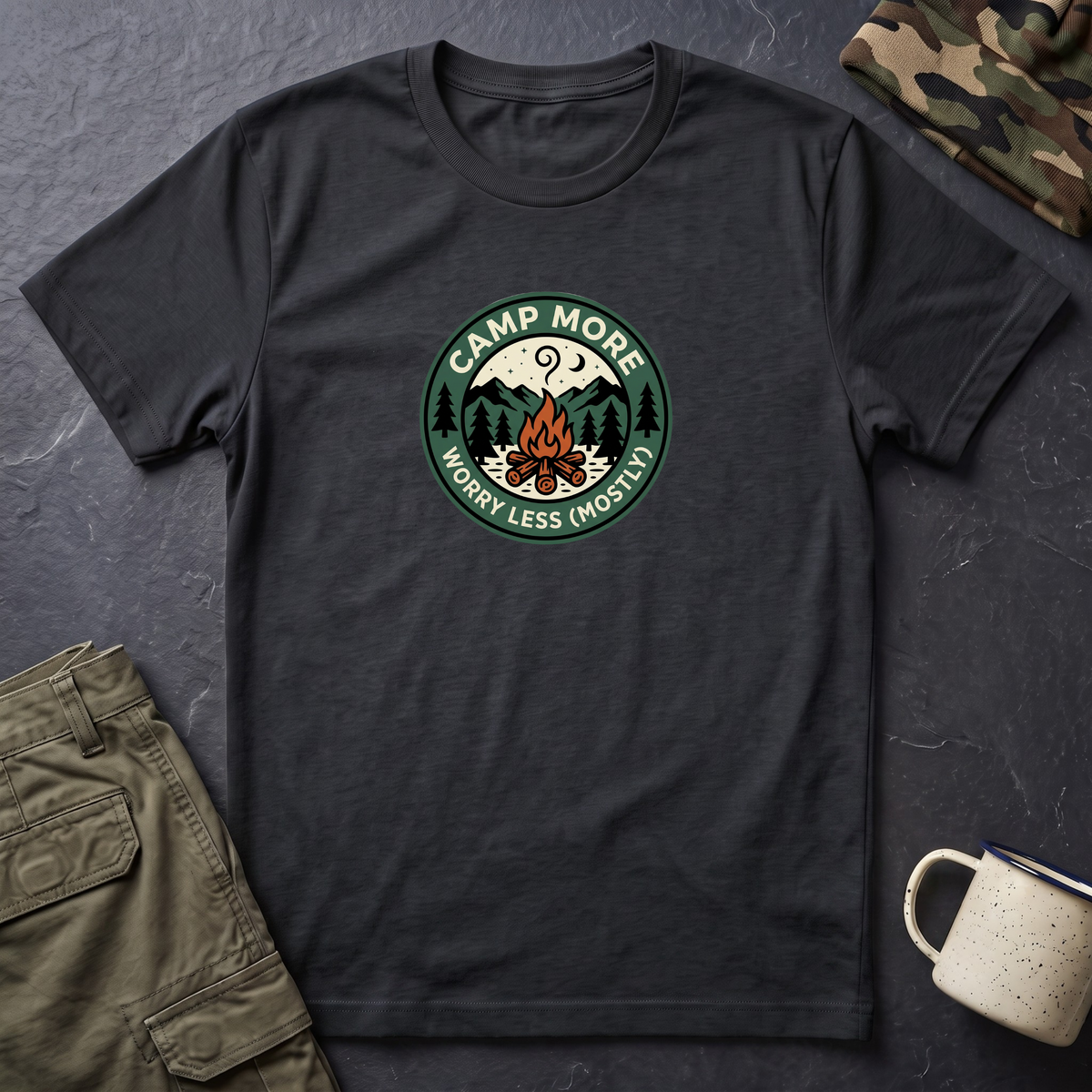 Camp More Campfire Badge T-Shirt | Outdoor Camping Graphic