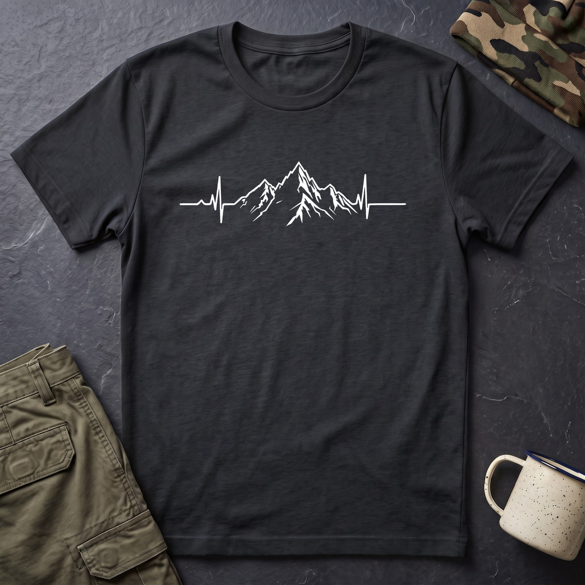 Mountain Heartbeat T-Shirt — Minimalist Mountain ECG Tee for Hikers & Outdoor Lovers