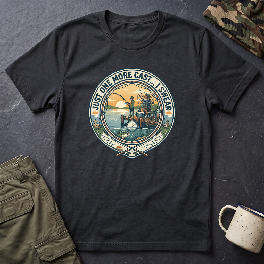 Just One More Cast Fishing T-Shirt | Retro Sunset Angler Design