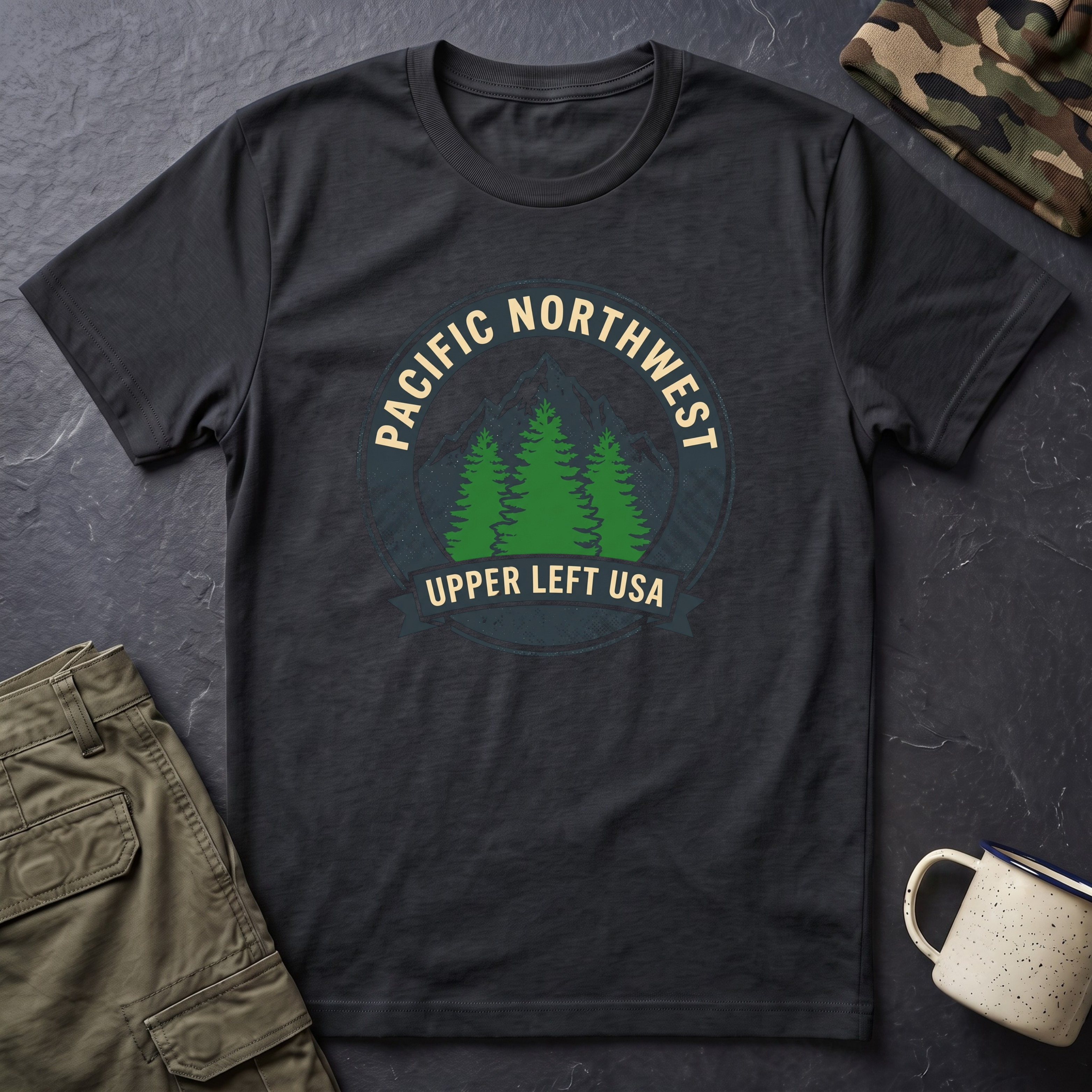 Pacific Northwest Mountain Pines T-Shirt | Upper Left USA graphic