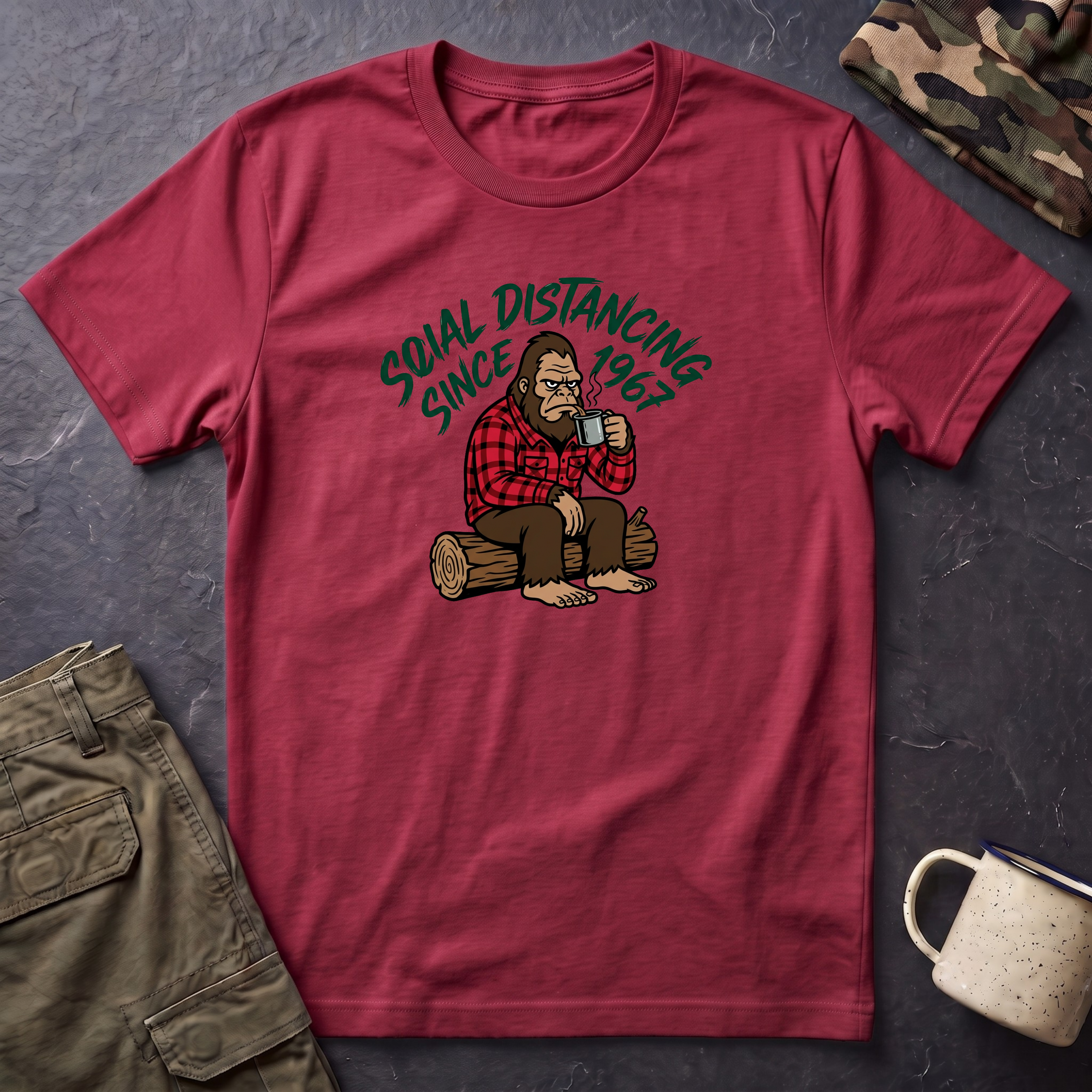 Bigfoot Social Distancing Since 1967 T-Shirt | Sasquatch Lumberjack Tee