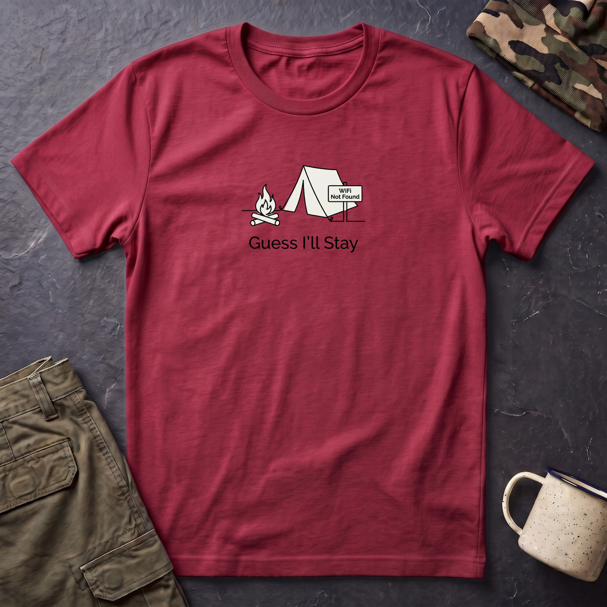 Guess Ill Stay camping tee | Tent and campfire graphic T-Shirt