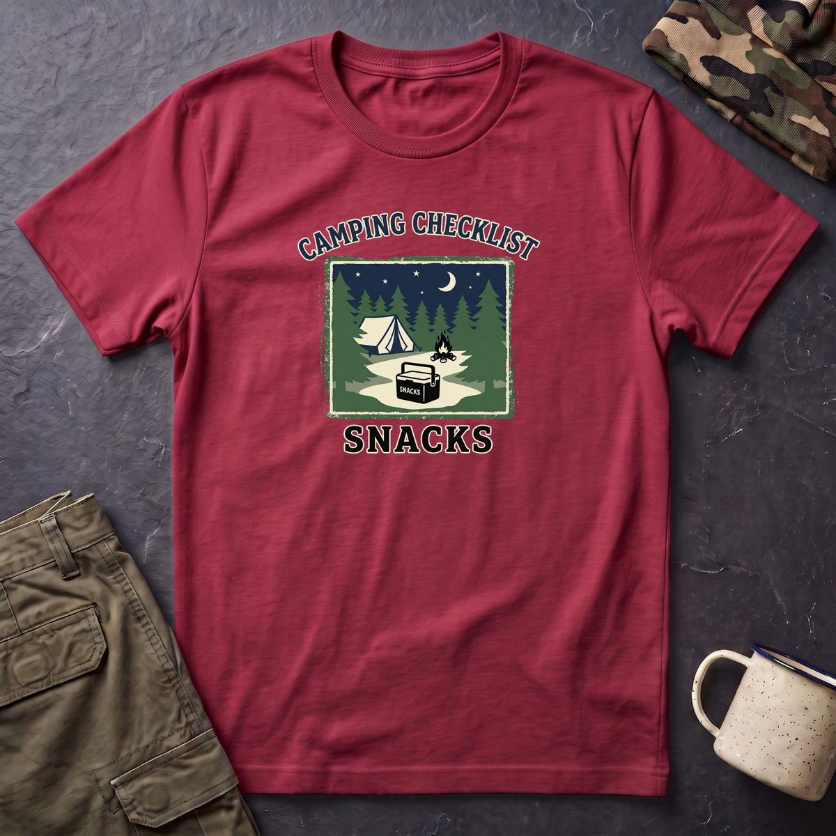 Camping Checklist Snacks T-Shirt | Camping Graphic Tee, Tent Campfire Design