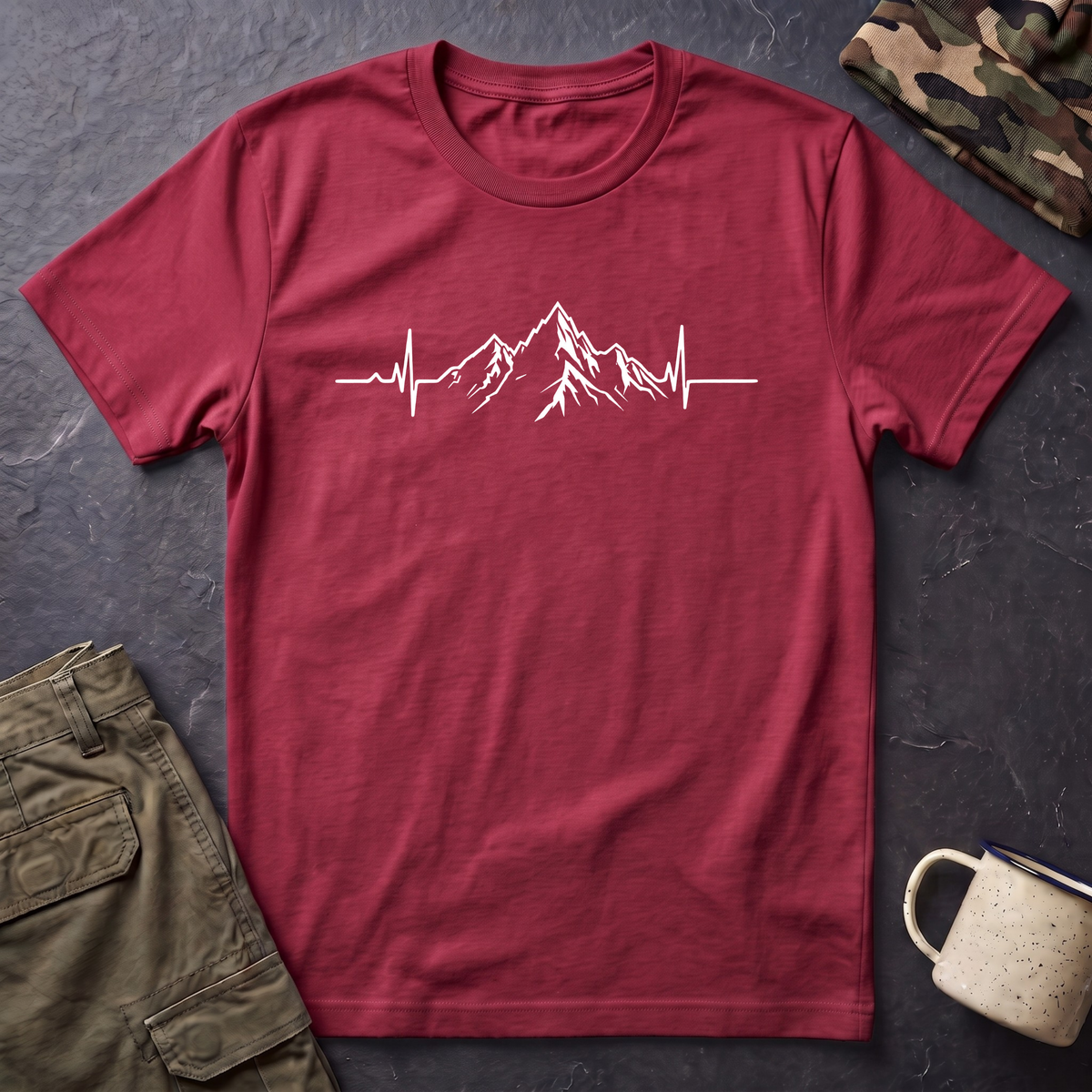 Mountain Heartbeat T-Shirt — Minimalist Mountain ECG Tee for Hikers & Outdoor Lovers