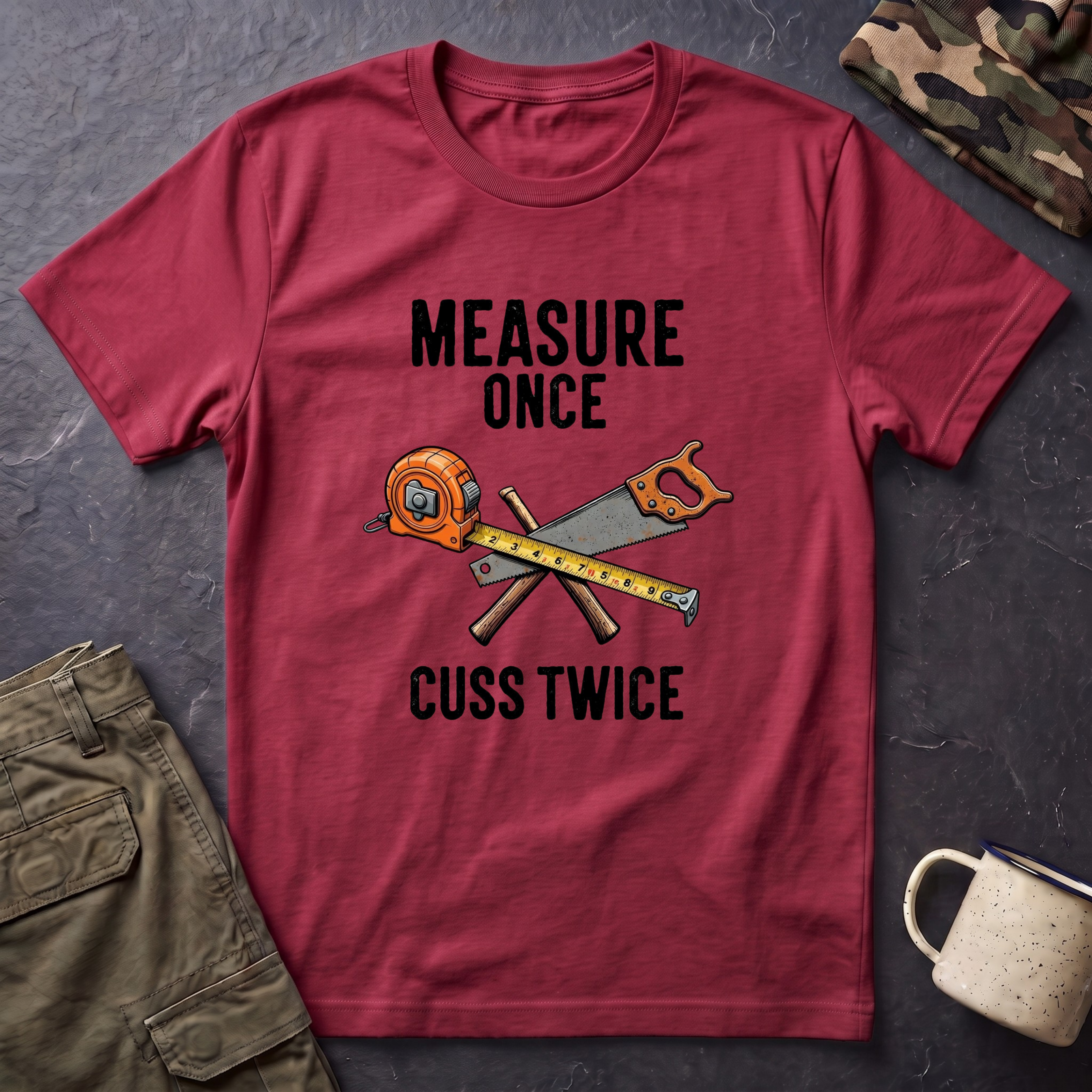 Measure Once Cuss Twice T-Shirt | Carpenter Tools Graphic Tee