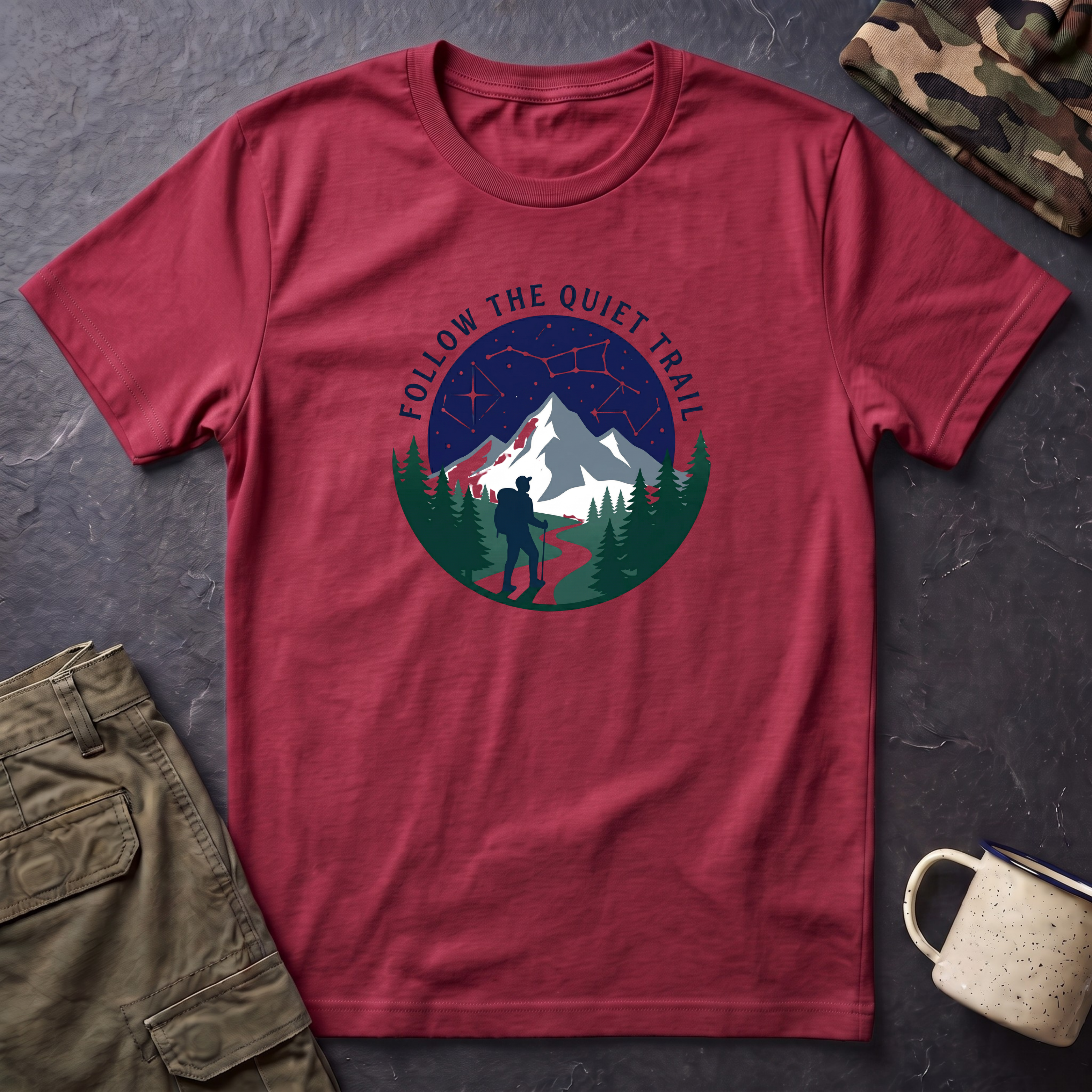 Follow The Quiet Trail Hiking T-Shirt | Mountain Night Sky