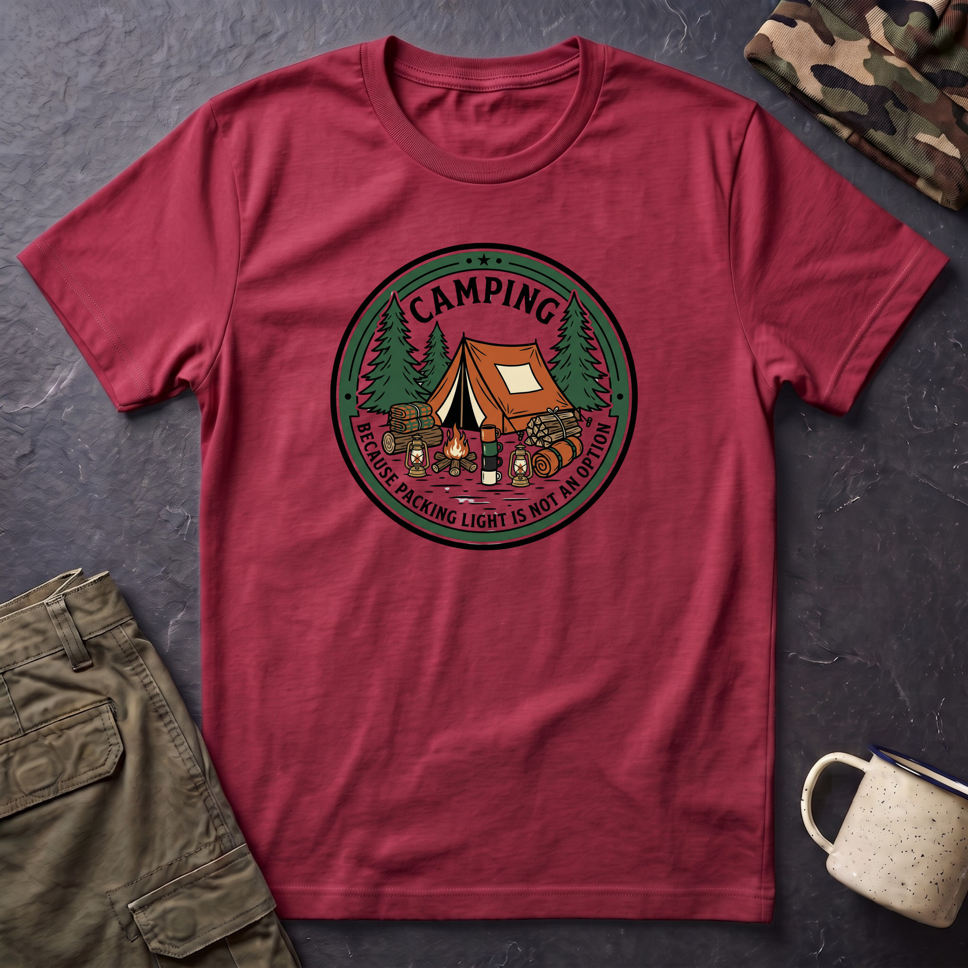 Camping Campfire Tent Graphic T-Shirt | Outdoor Adventure Cabin Design