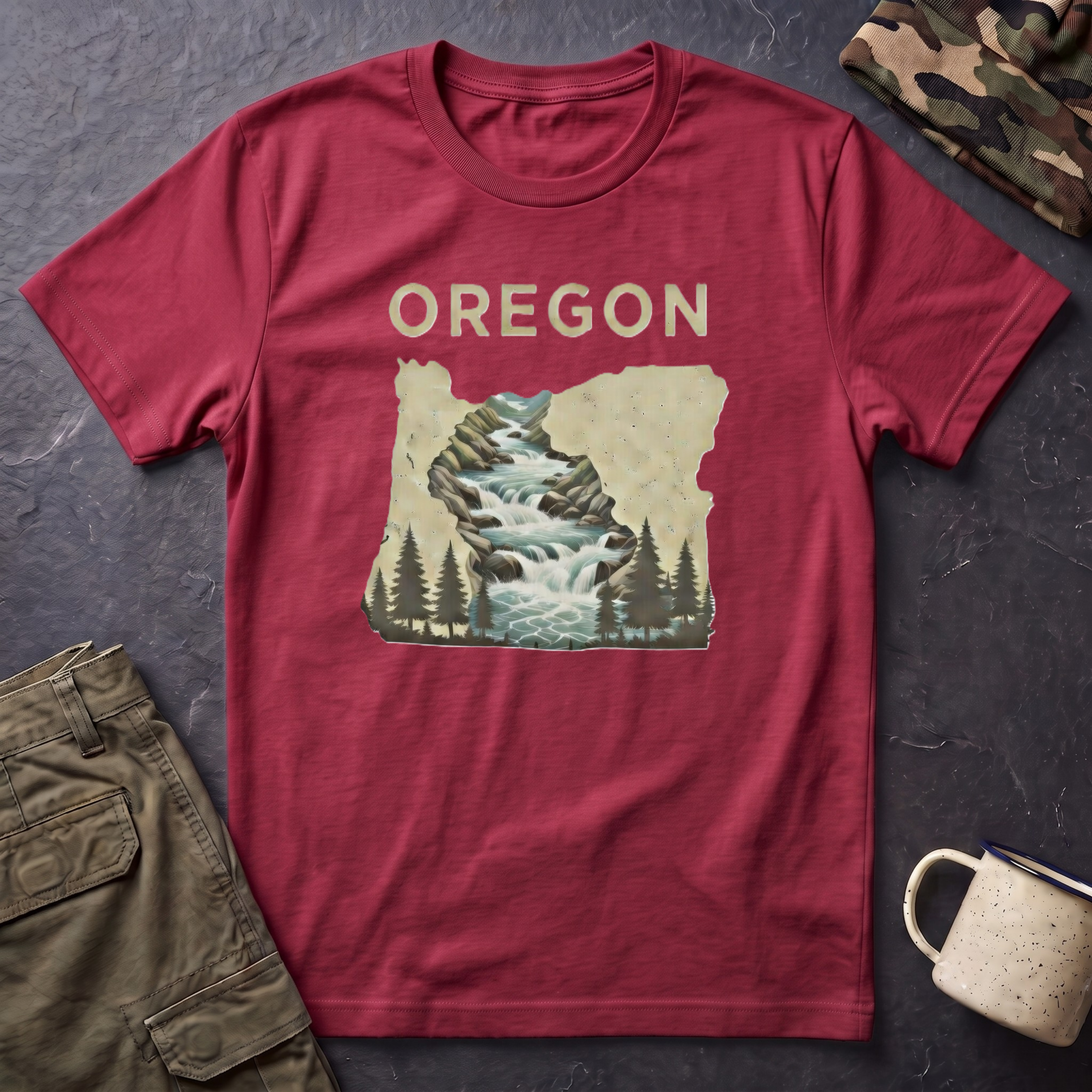 Oregon waterfall state map T-Shirt | River, Pines, Nature