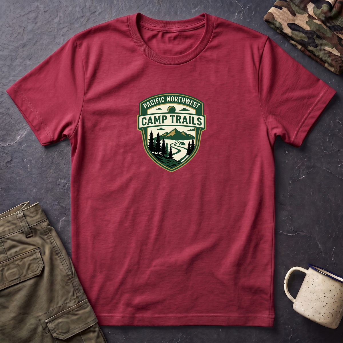 Camp Trails badge T-Shirt | Mountain camping logo, forest trail emblem