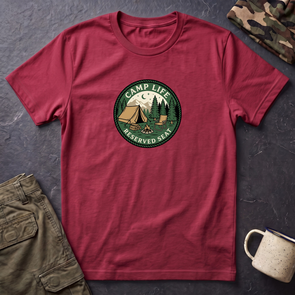 Camp Life Tent and Trees T-Shirt | Retro Outdoors Camper Badge