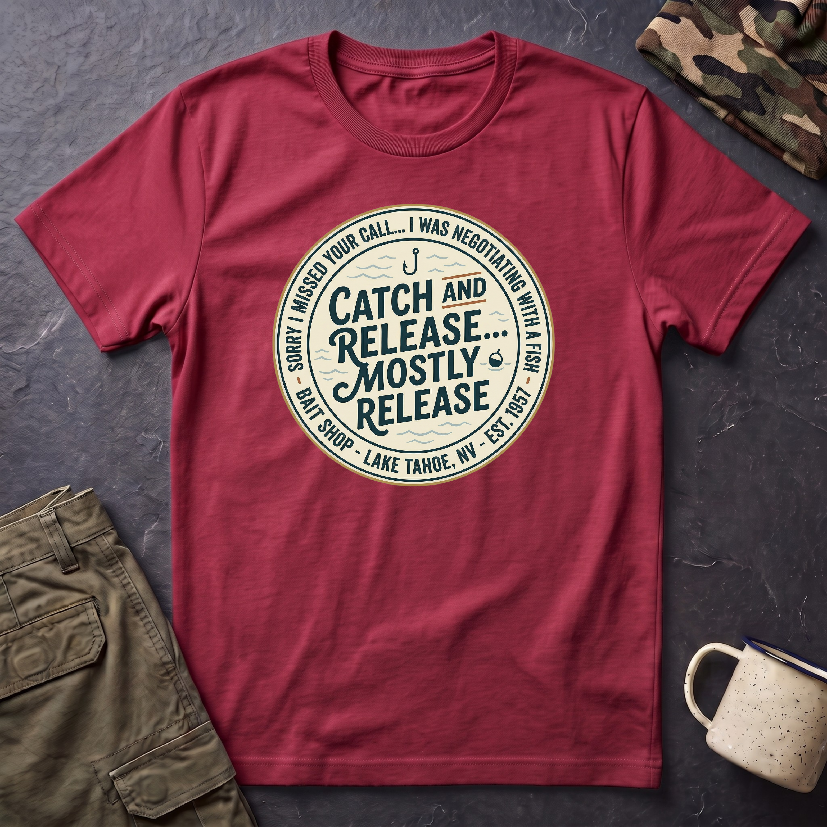Catch and Release Mostly Release T-Shirt | Fishing Lake Tahoe Badge