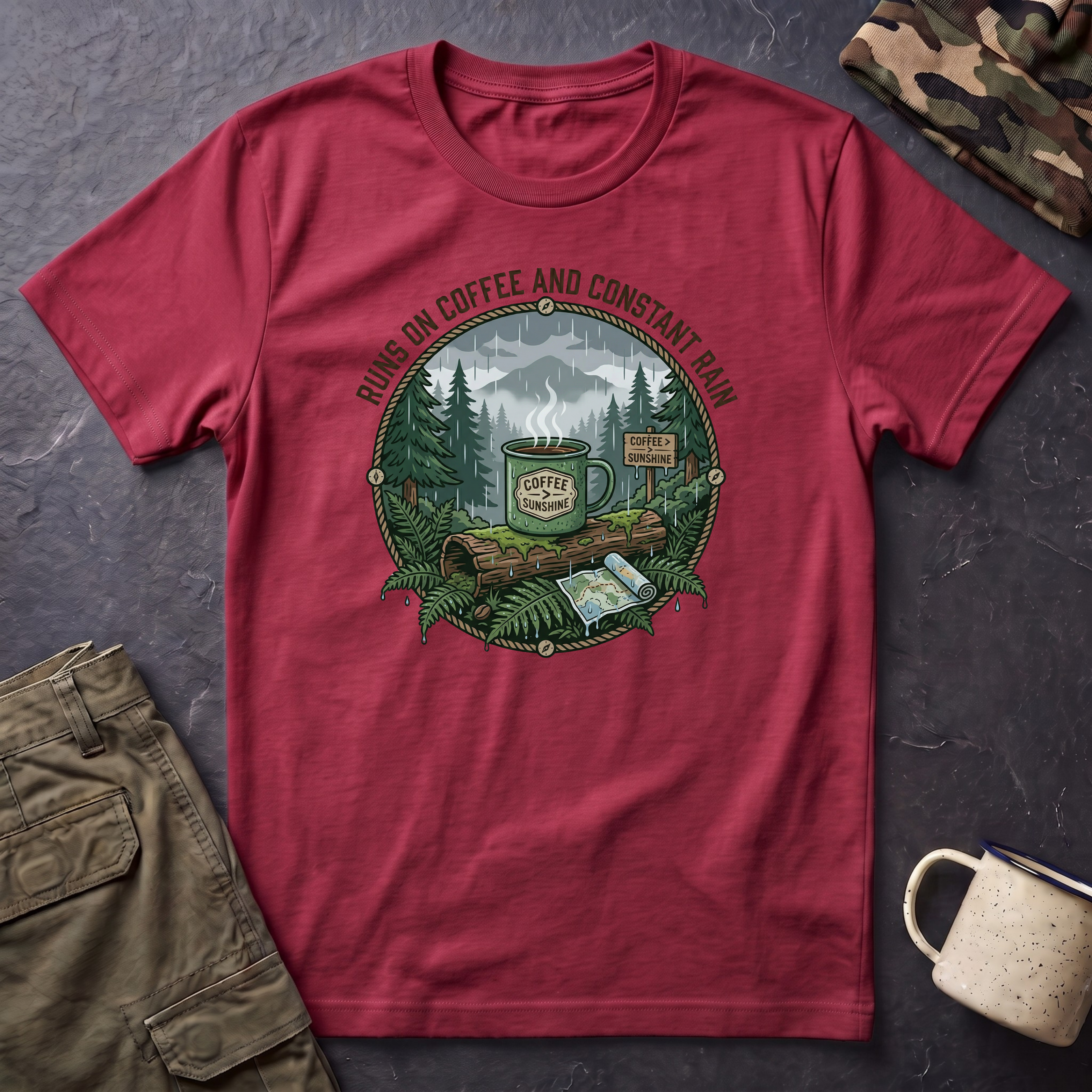 Cozy Camping Coffee Scene T-Shirt | Mountain Mug, Rainy Forest Illustration