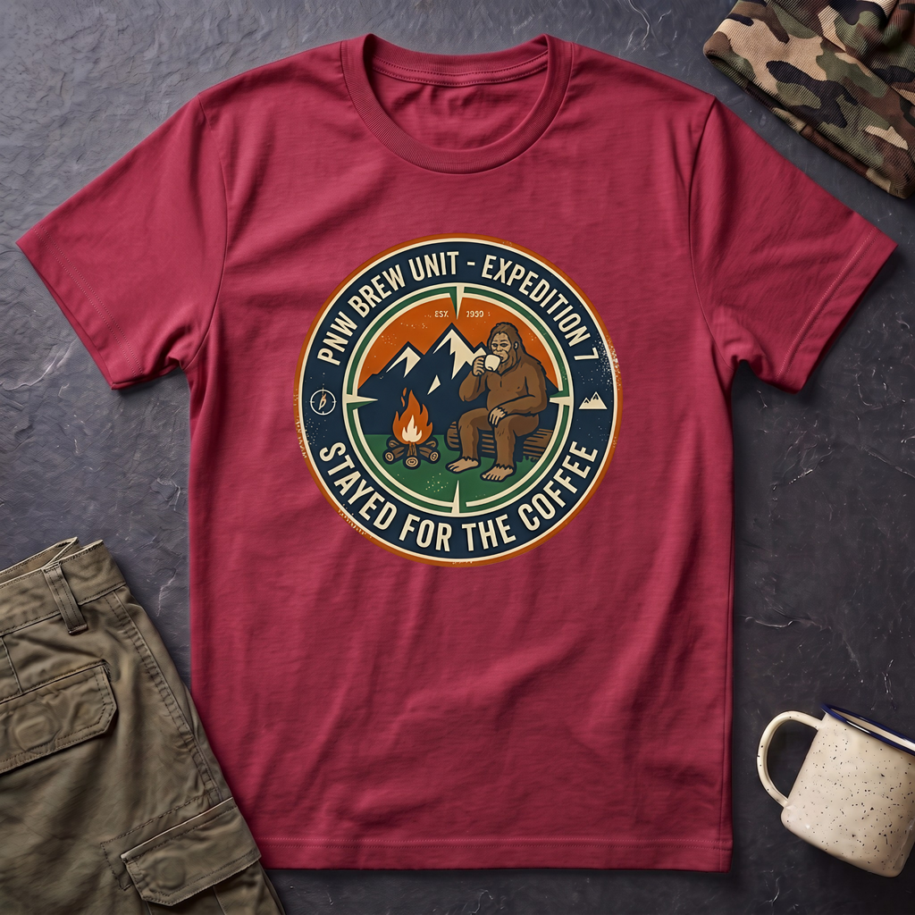 Stayed for the Coffee mountain camping badge T-Shirt | coffee hiking logo