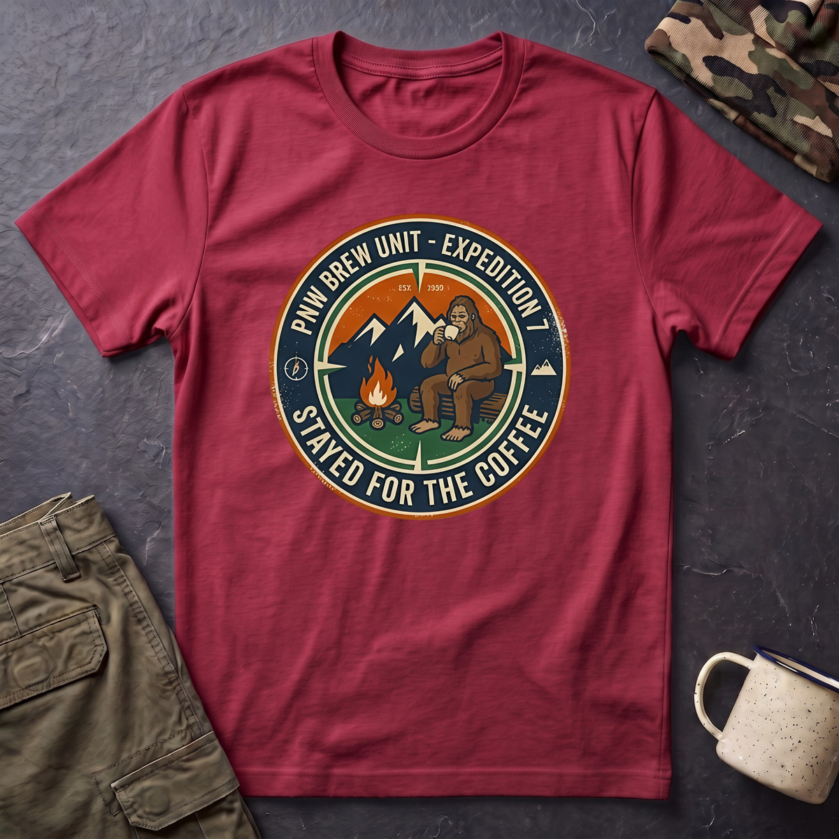 Stayed for the Coffee mountain camping badge T-Shirt | coffee hiking logo