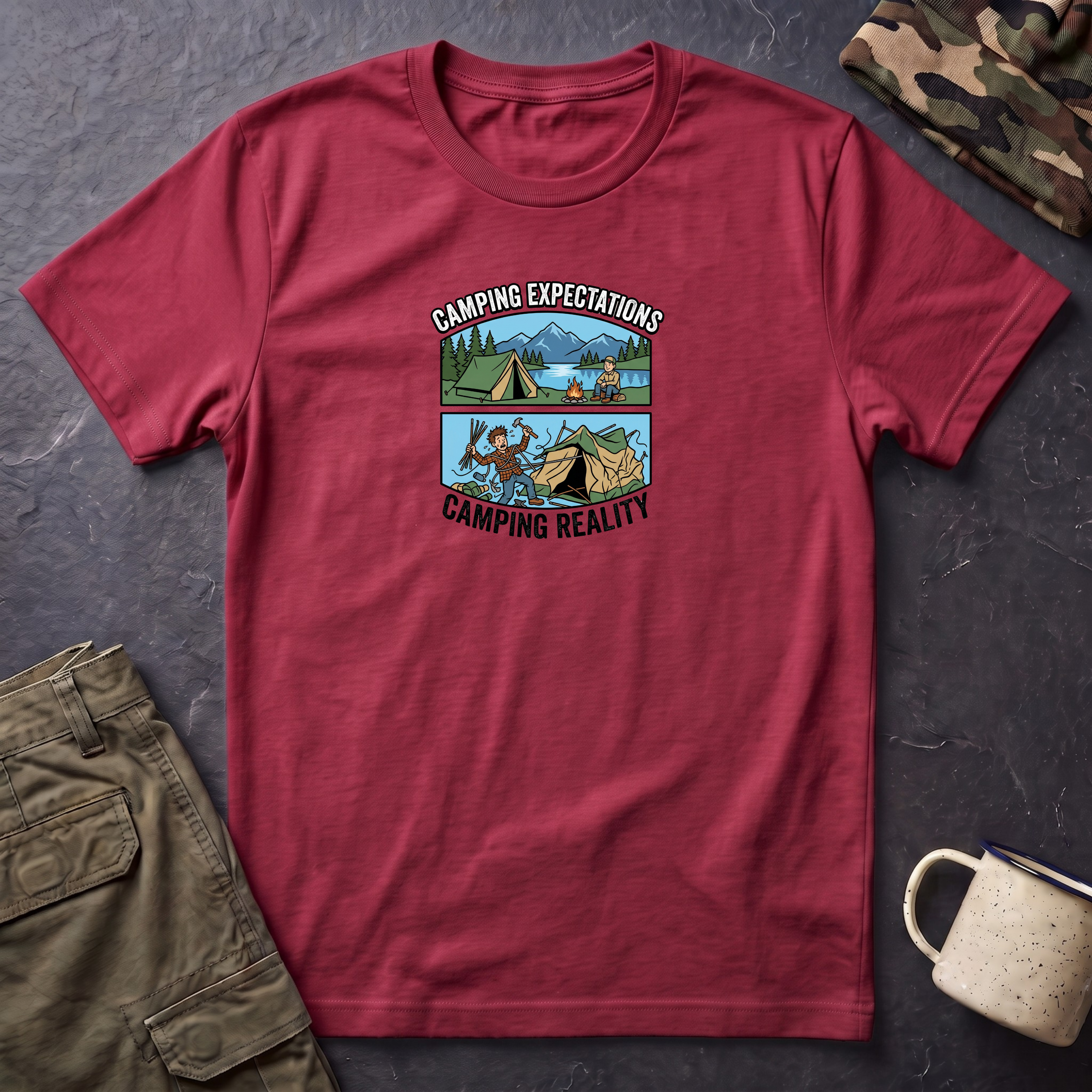 Camping Reality T-Shirt | Scenic Tent, Lake, Mountains Outdoor Adventure