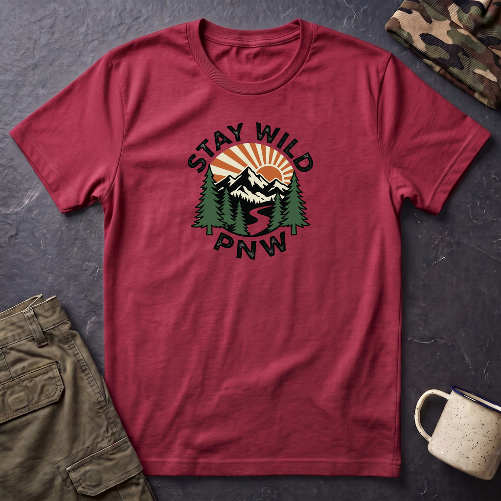 Stay Wild PNW T-Shirt | Mountain Sunset, Pine Trees, River Road