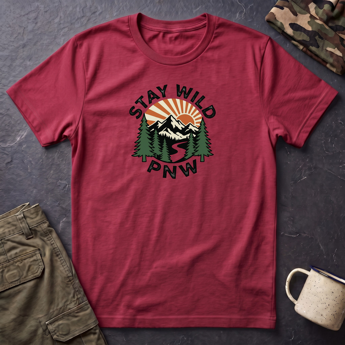 Stay Wild PNW T-Shirt | Mountain Sunset, Pine Trees, River Road