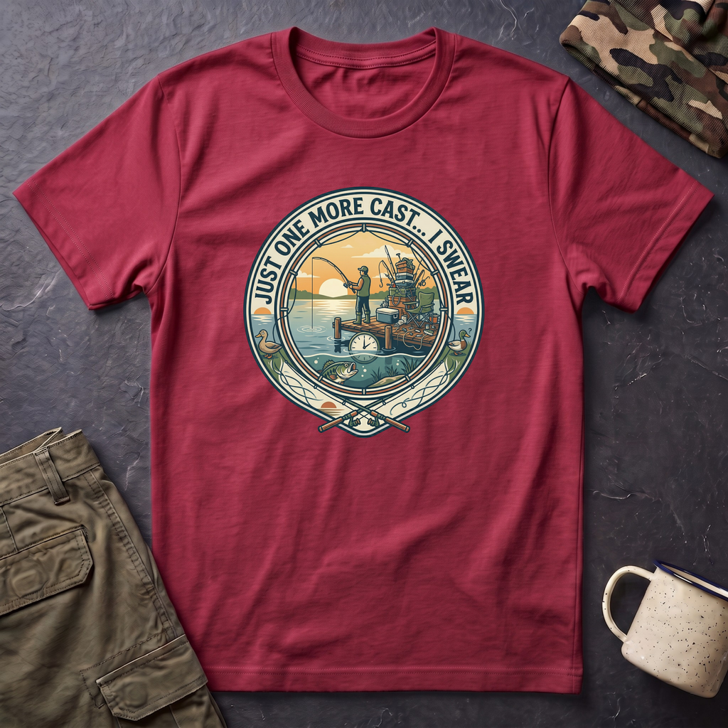 Just One More Cast Fishing T-Shirt | Retro Sunset Angler Design