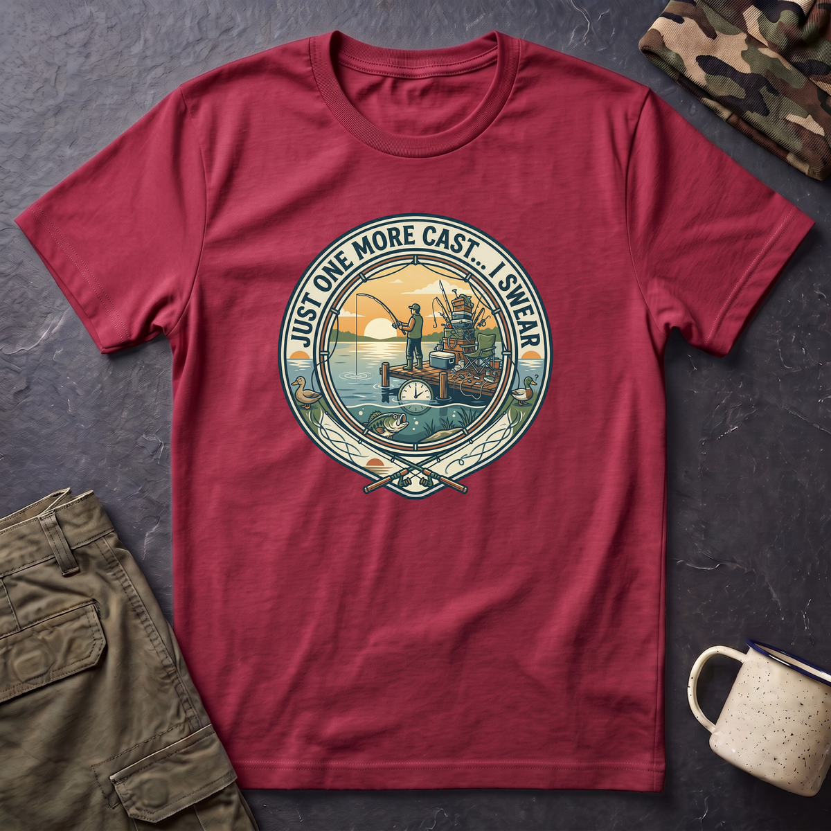 Just One More Cast Fishing T-Shirt | Retro Sunset Angler Design