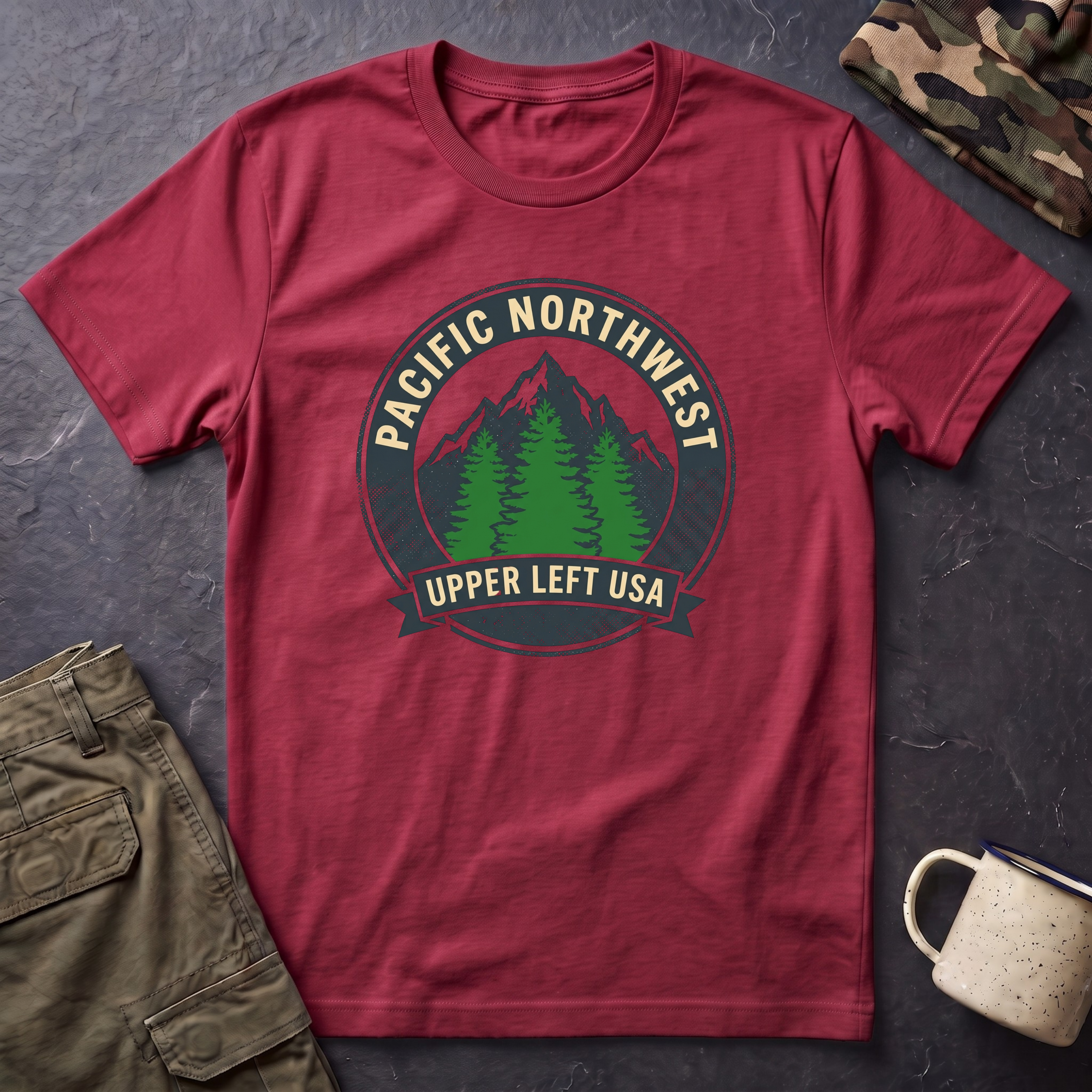 Pacific Northwest Mountain Pines T-Shirt | Upper Left USA graphic
