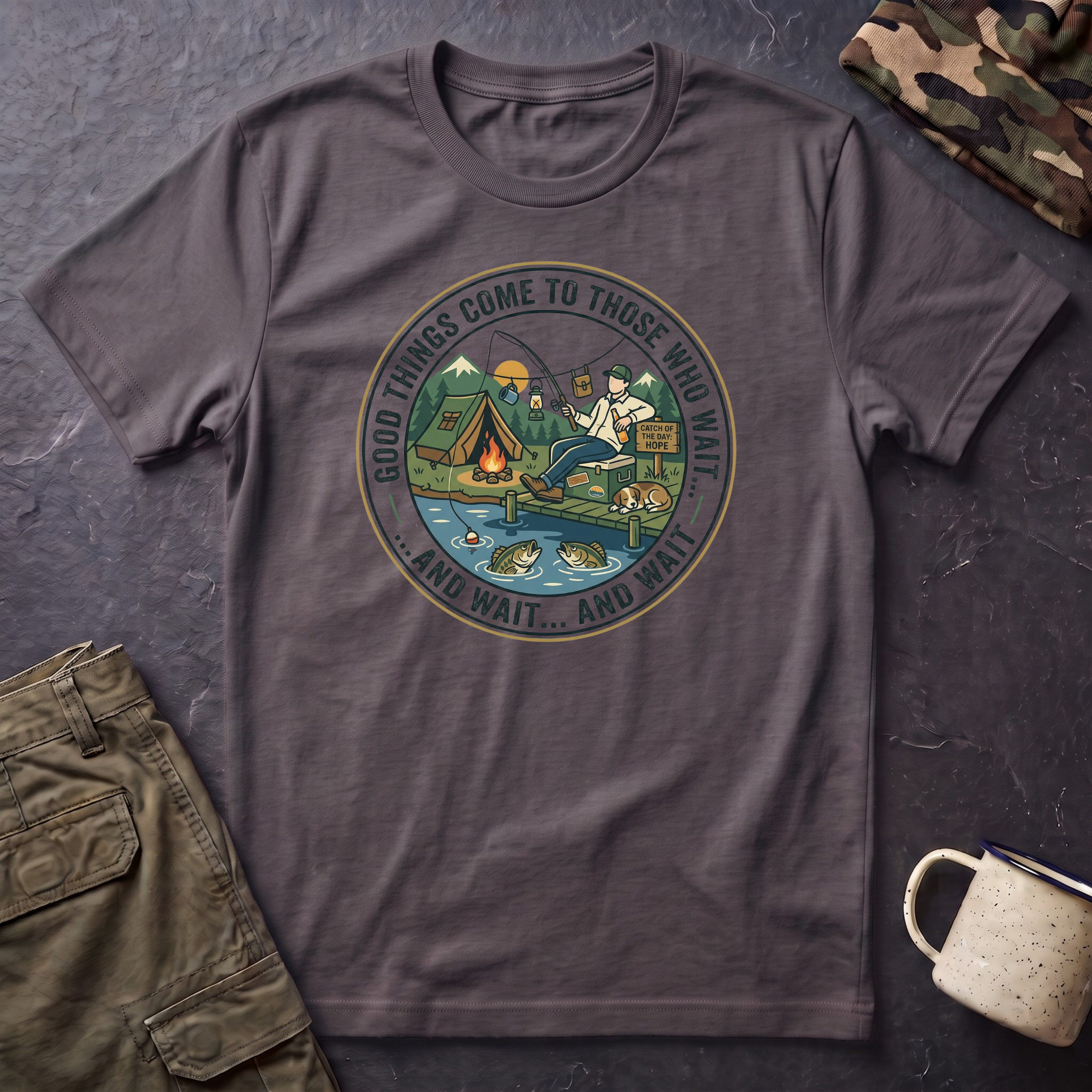Camping Scene T-Shirt | Vintage Tent Lake Illustration, 'Good Things Come to Those Who Wait'