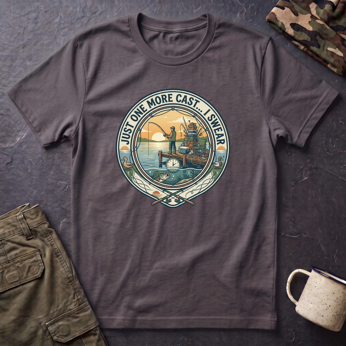 Just One More Cast Fishing T-Shirt | Retro Sunset Angler Design