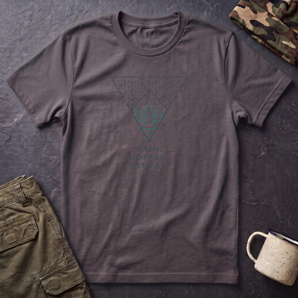 Rain Coffee Repeat T‑Shirt — Minimal Mountain Triangle Graphic Tee