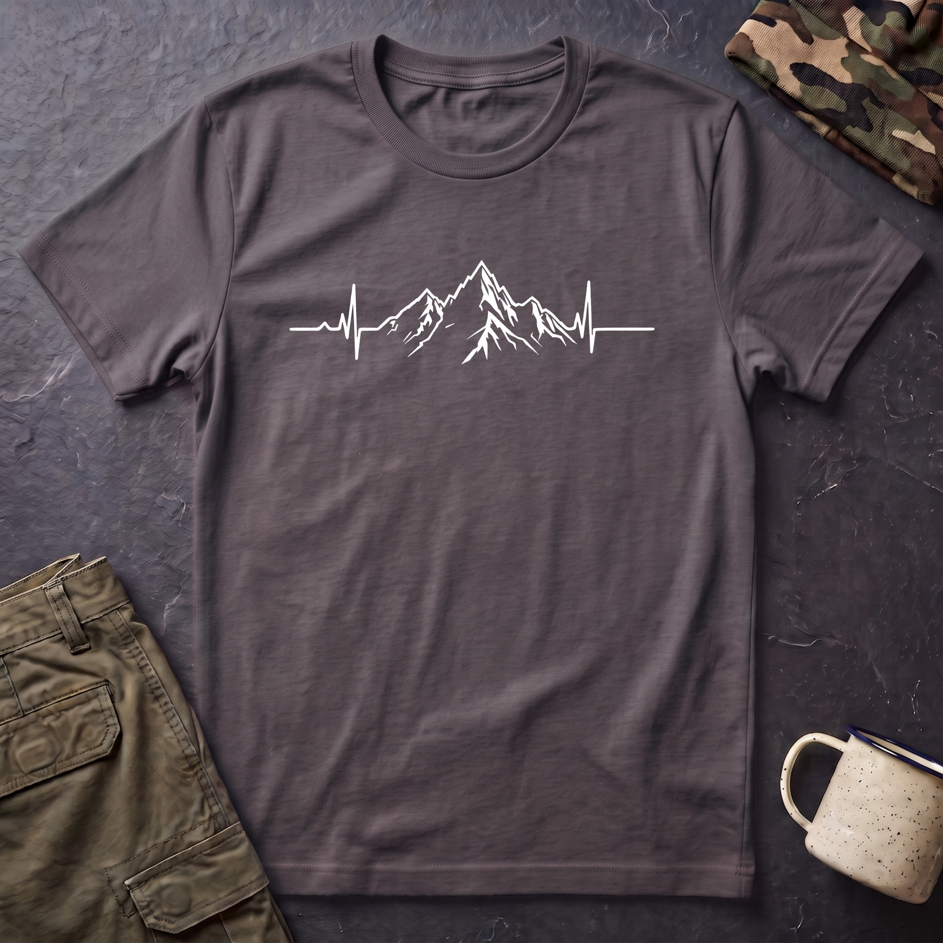Mountain Heartbeat T-Shirt — Minimalist Mountain ECG Tee for Hikers & Outdoor Lovers