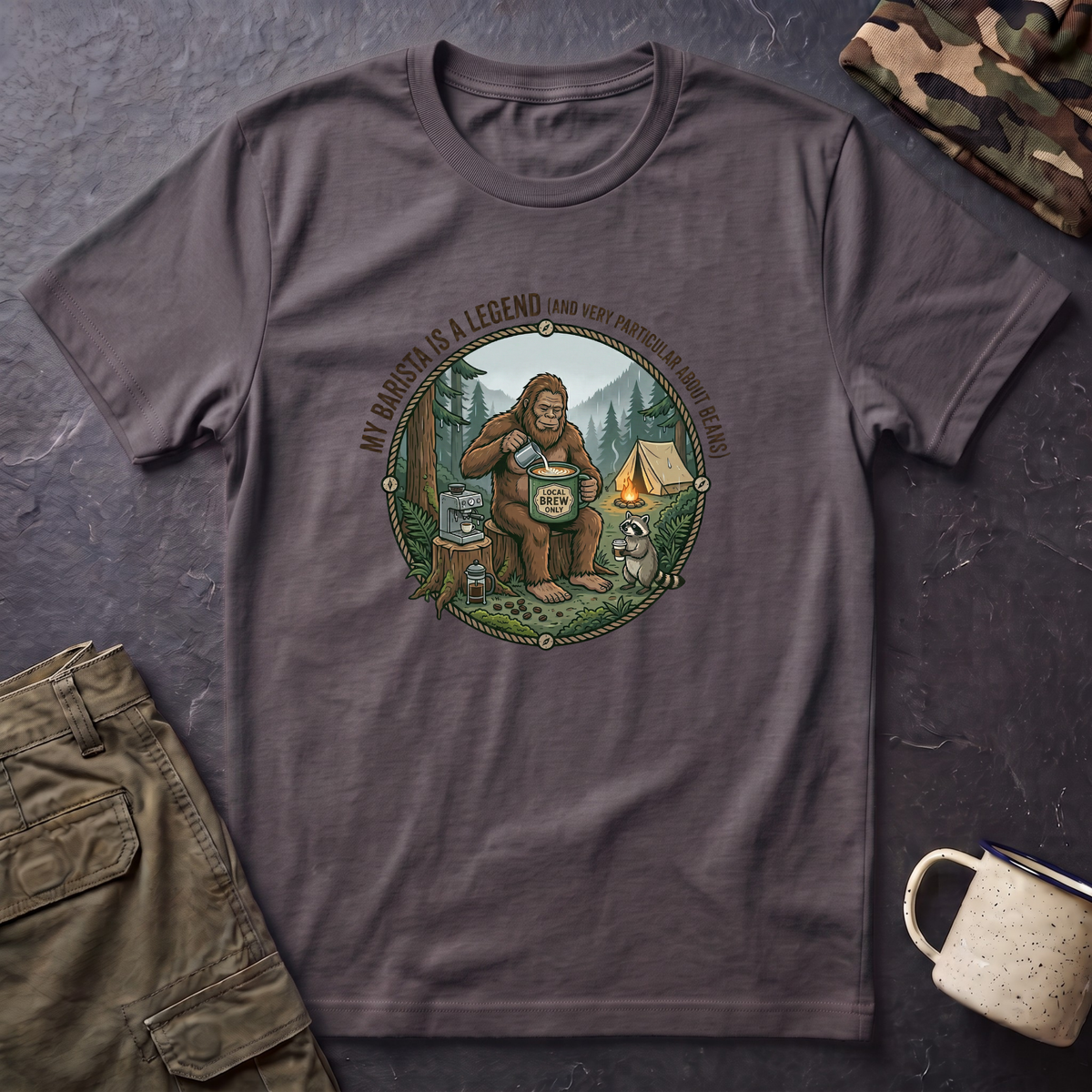 My Barista is a Legend Camping T-Shirt | Bear, Campfire, Tent Cabin Illustration