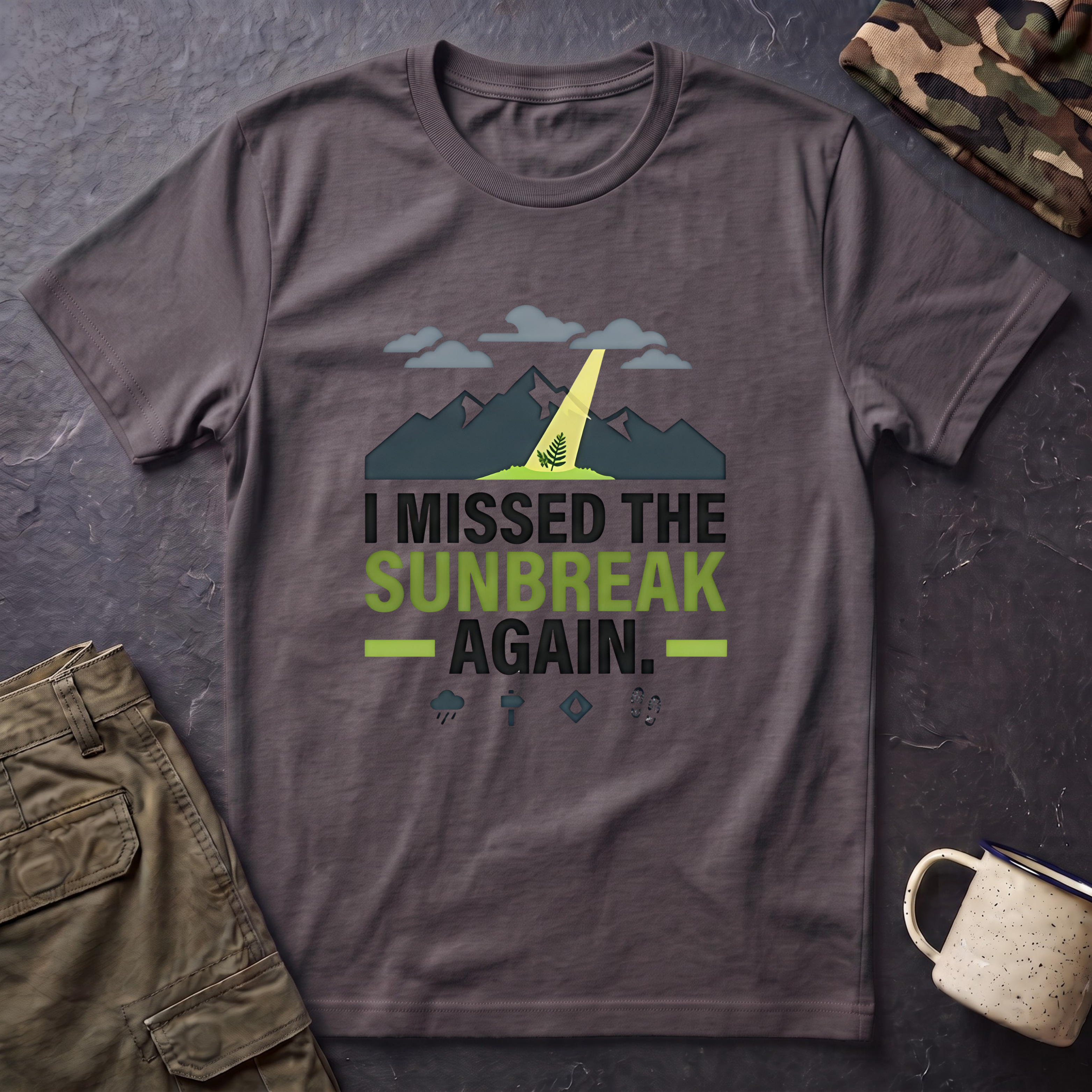 I Missed the Sunbreak Again T-Shirt | Mountain Lightning Graphic Tee