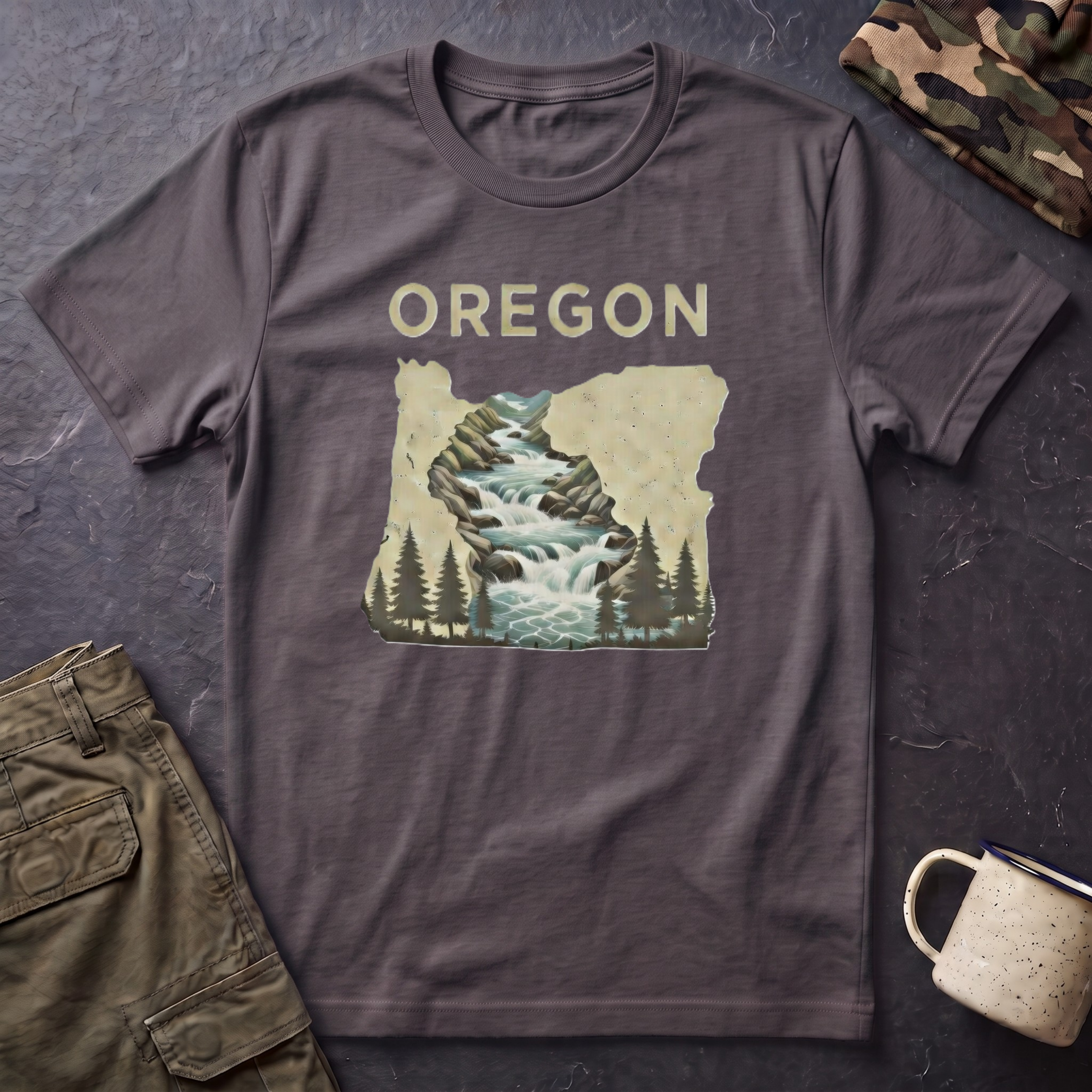 Oregon waterfall state map T-Shirt | River, Pines, Nature