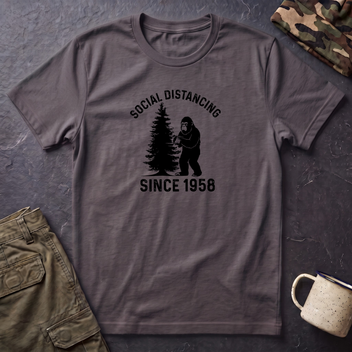 Social Distancing Since 1958 T-Shirt | Bigfoot Sasquatch Graphic