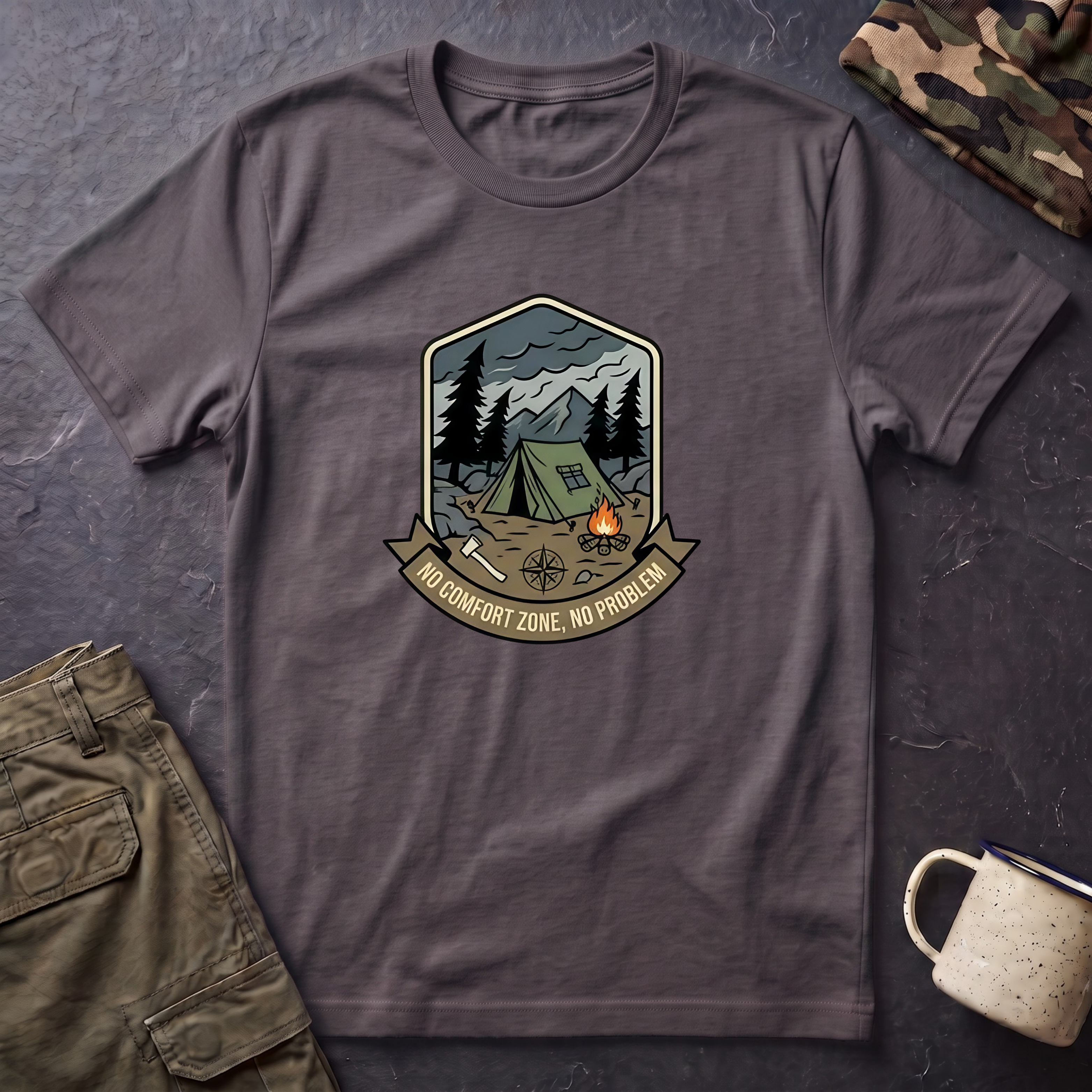 Camping Badge tent and campfire graphic T-Shirt | outdoors hiking adventure emblem