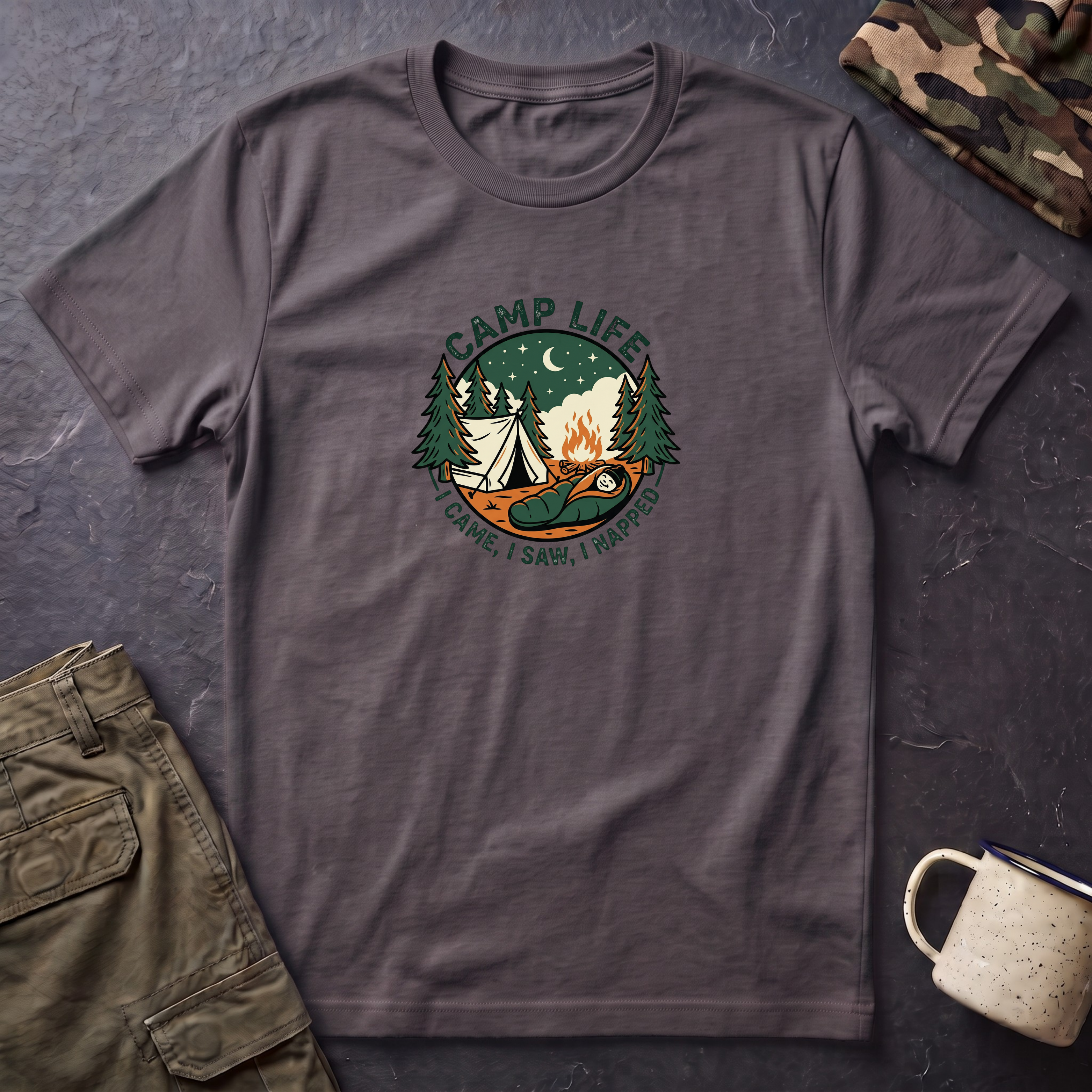 Camp Life tent campfire graphic T-Shirt | camping outdoors nature